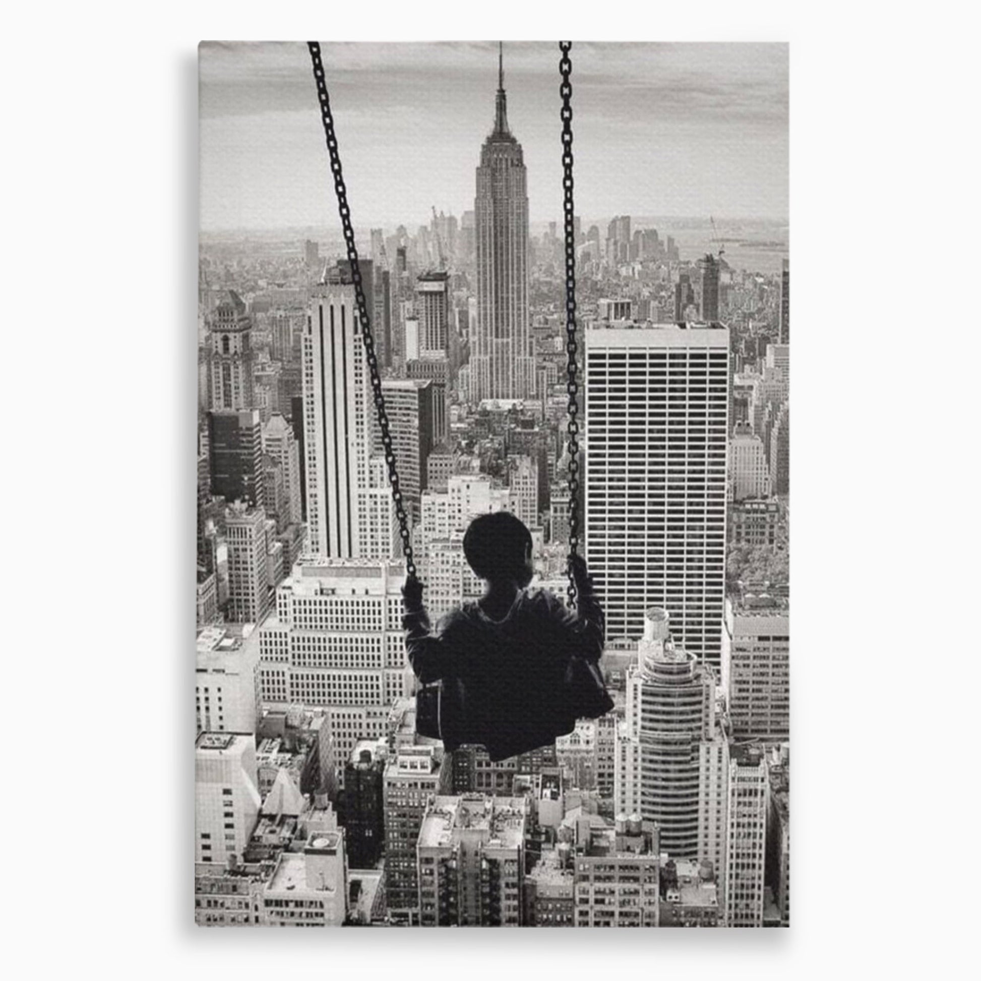 Tablou Canvas Premium, LuxCanva® K1014, Copilul si Acoperisul Lumii, Oras, Leagan, Zgarie Nori, Metropola, Visare, Zbor, Singur, Copil, Alb, Negru, New York, Inocenta, Camera Copii