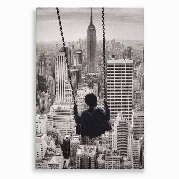 Tablou Canvas Premium, LuxCanva® K1014, Copilul si Acoperisul Lumii, Oras, Leagan, Zgarie Nori, Metropola, Visare, Zbor, Singur, Copil, Alb, Negru, New York, Inocenta, Camera Copii
