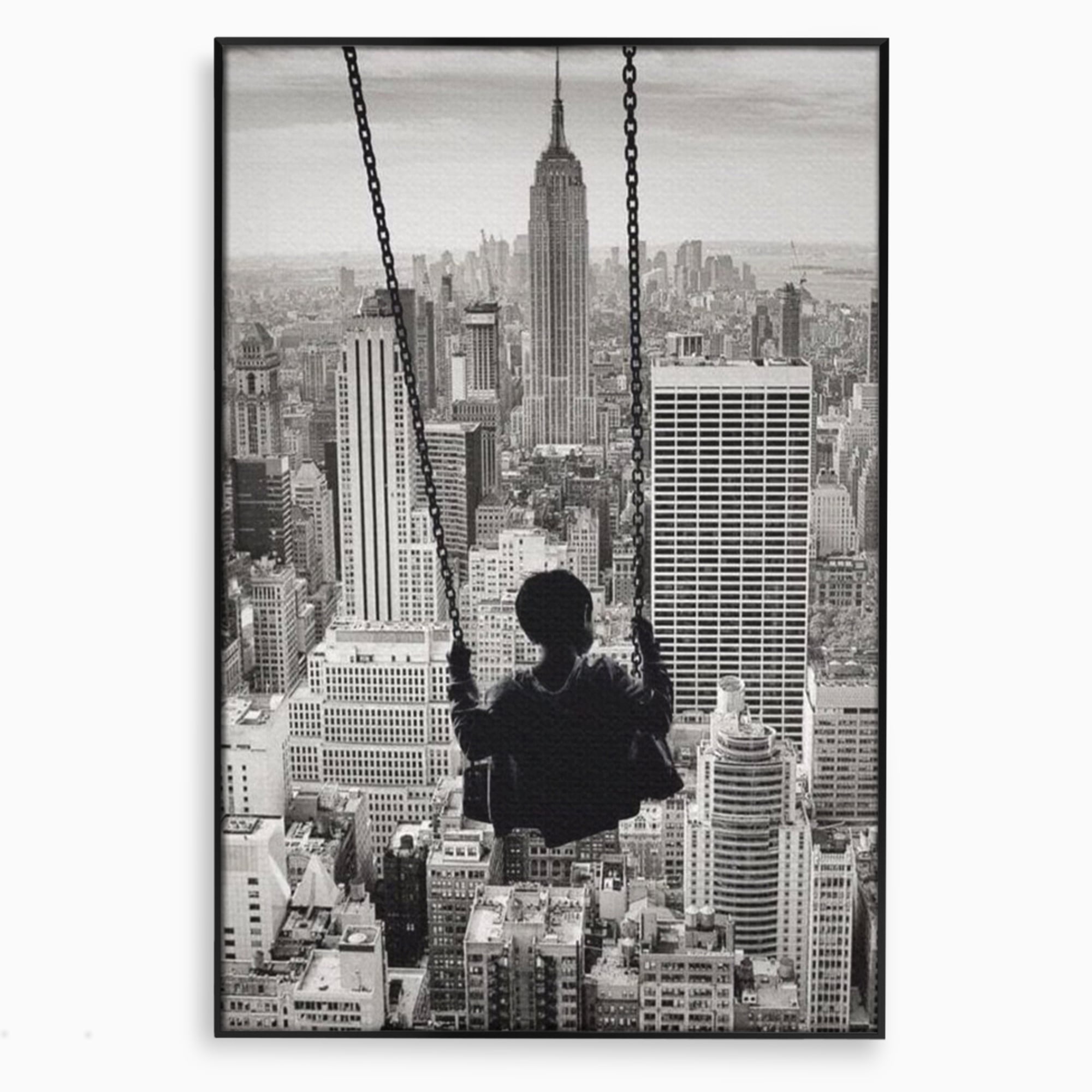Tablou Canvas Premium, LuxCanva® K1014, Copilul si Acoperisul Lumii, Oras, Leagan, Zgarie Nori, Metropola, Visare, Zbor, Singur, Copil, Alb, Negru, New York, Inocenta, Camera Copii