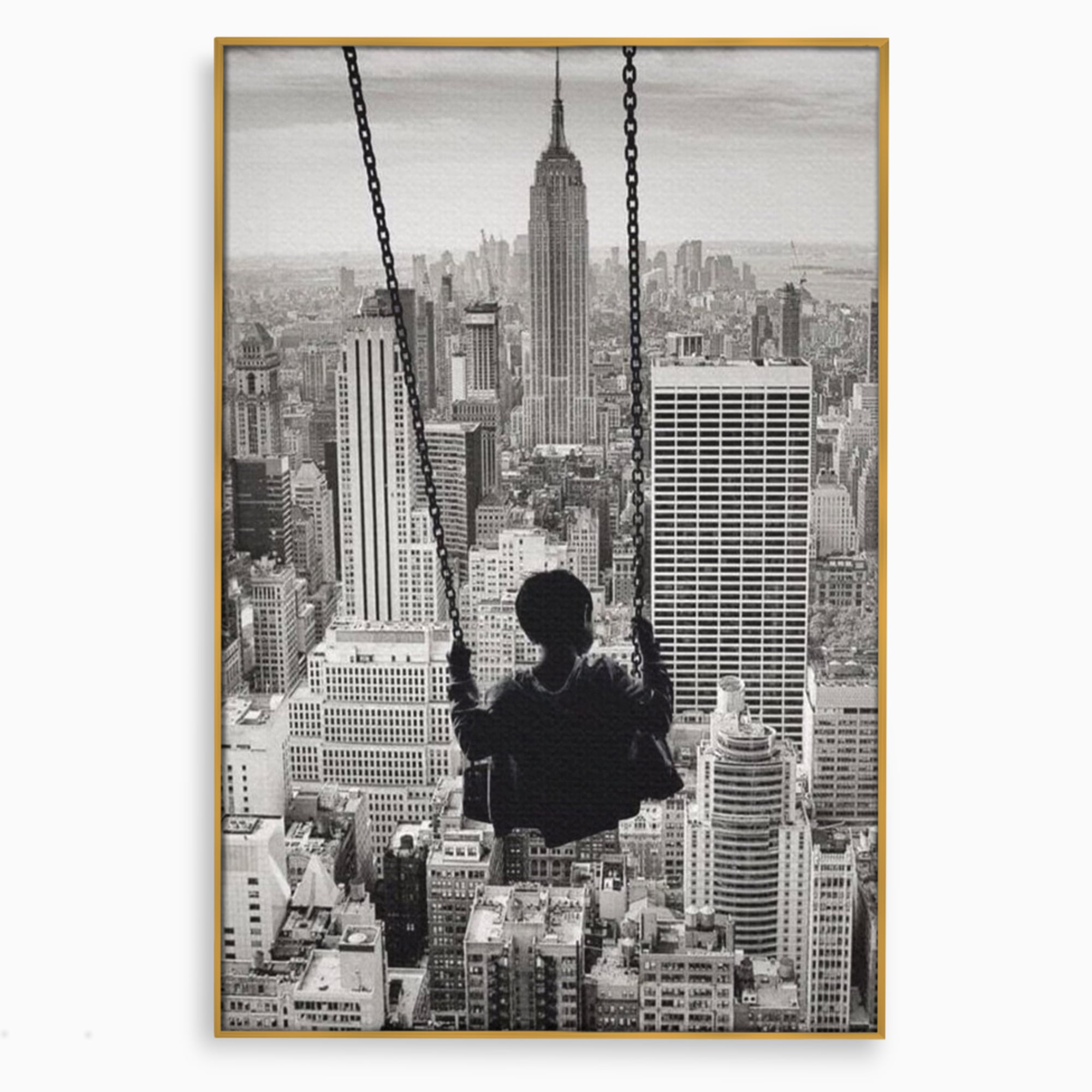 Tablou Canvas Premium, LuxCanva® K1014, Copilul si Acoperisul Lumii, Oras, Leagan, Zgarie Nori, Metropola, Visare, Zbor, Singur, Copil, Alb, Negru, New York, Inocenta, Camera Copii