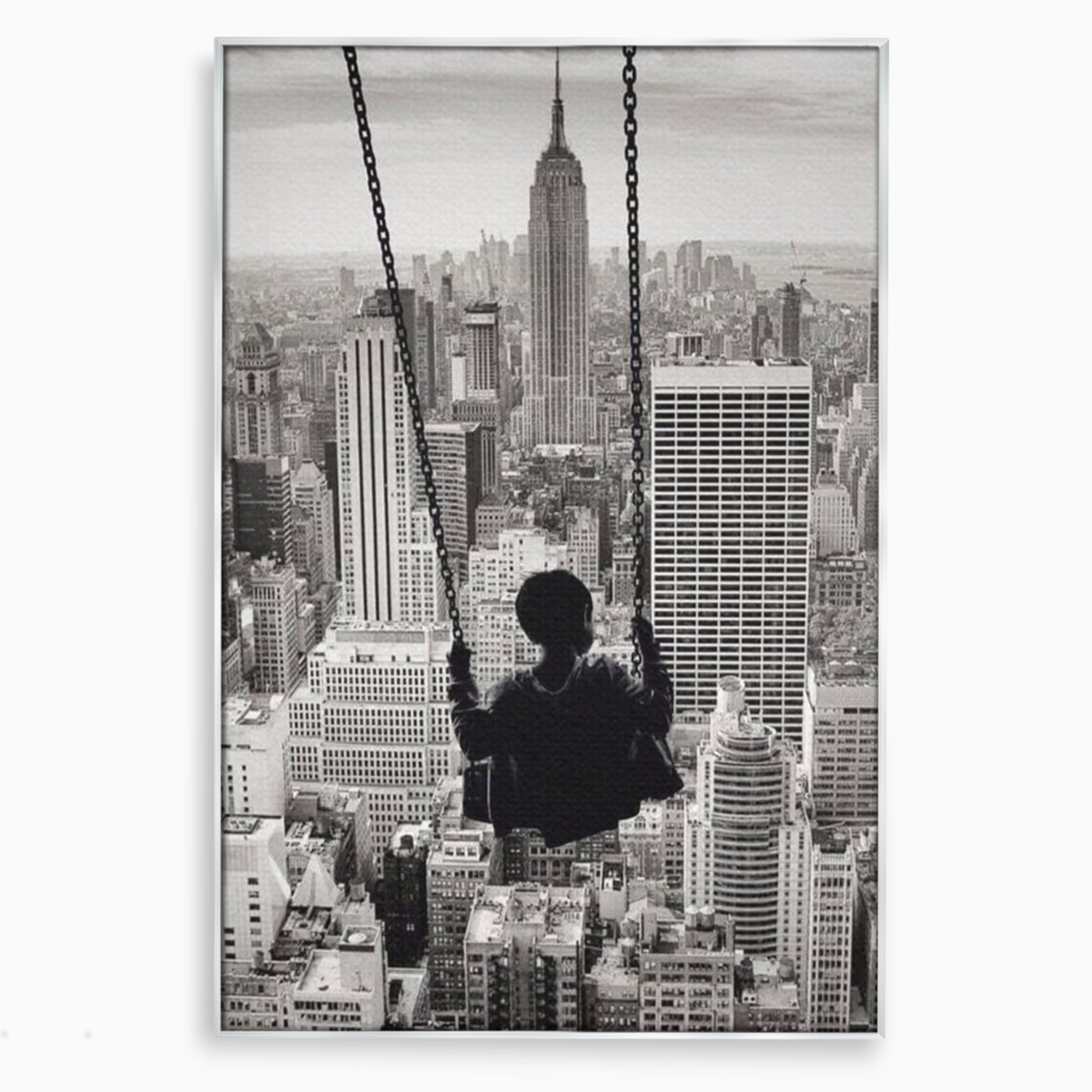 Tablou Canvas Premium, LuxCanva® K1014, Copilul si Acoperisul Lumii, Oras, Leagan, Zgarie Nori, Metropola, Visare, Zbor, Singur, Copil, Alb, Negru, New York, Inocenta, Camera Copii
