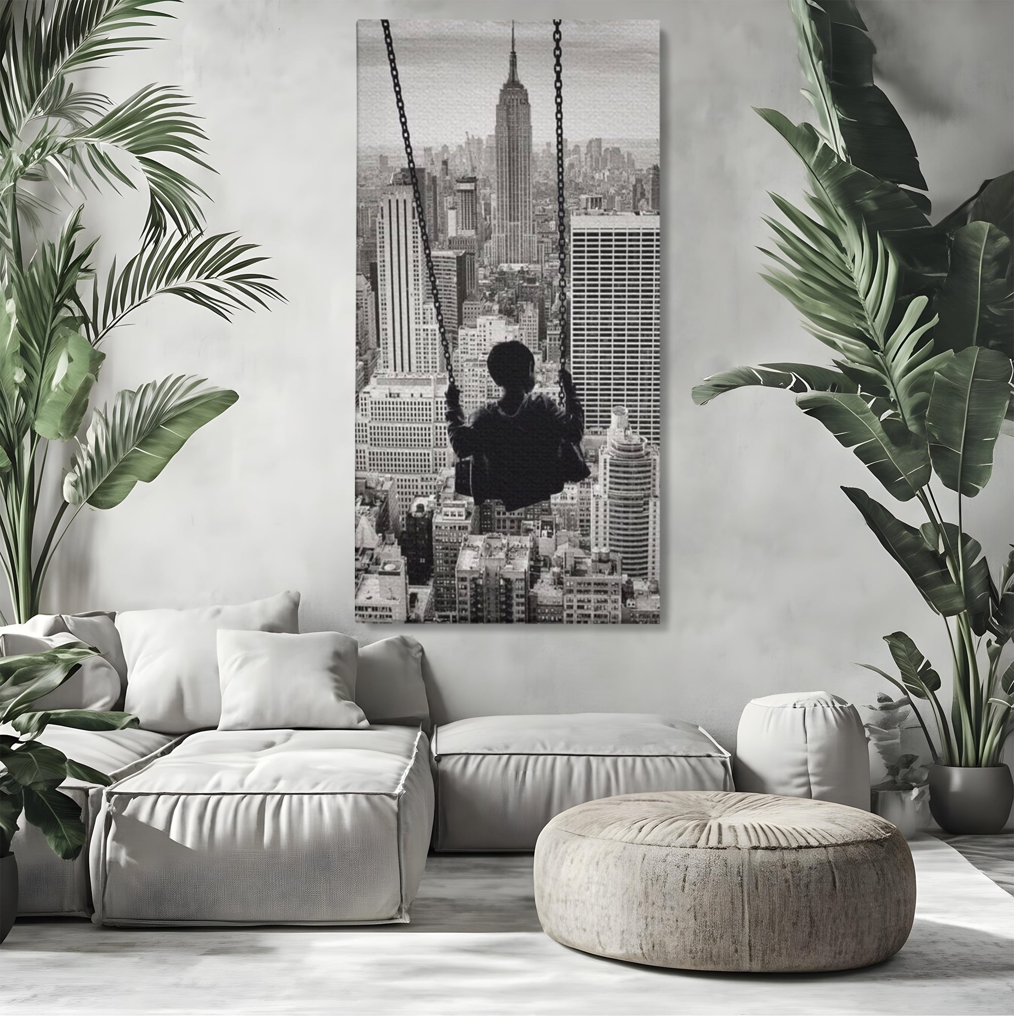 Tablou Canvas Premium, LuxCanva® K1014, Copilul si Acoperisul Lumii, Oras, Leagan, Zgarie Nori, Metropola, Visare, Zbor, Singur, Copil, Alb, Negru, New York, Inocenta, Camera Copii