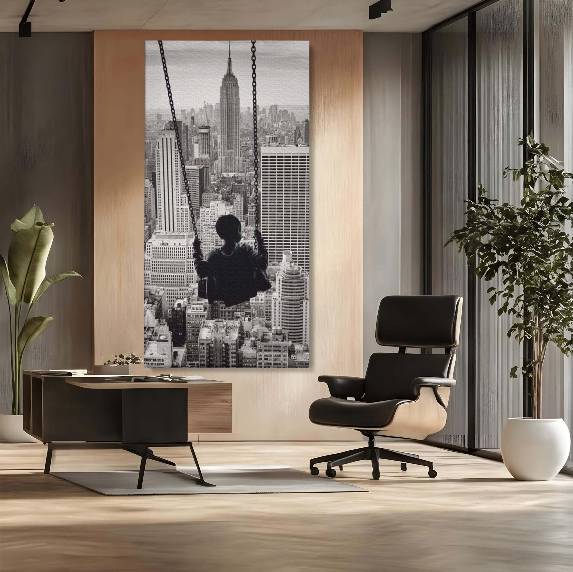 Tablou Canvas Premium, LuxCanva® K1014, Copilul si Acoperisul Lumii, Oras, Leagan, Zgarie Nori, Metropola, Visare, Zbor, Singur, Copil, Alb, Negru, New York, Inocenta, Camera Copii