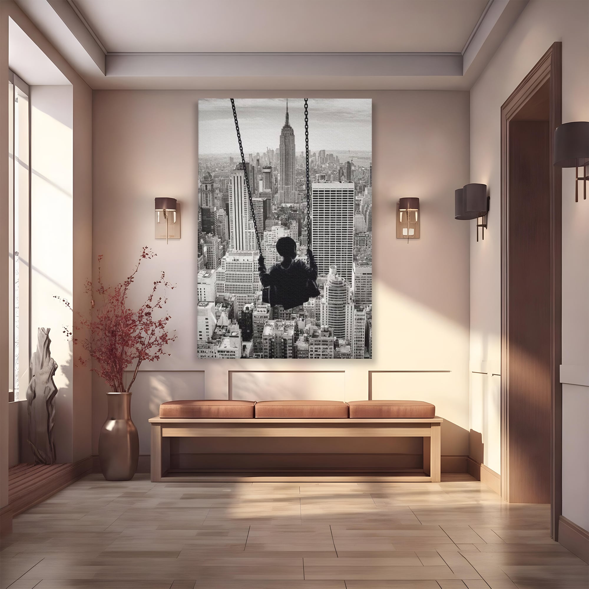 Tablou Canvas Premium, LuxCanva® K1014, Copilul si Acoperisul Lumii, Oras, Leagan, Zgarie Nori, Metropola, Visare, Zbor, Singur, Copil, Alb, Negru, New York, Inocenta, Camera Copii