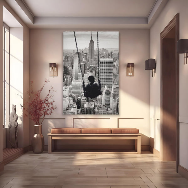 Tablou Canvas Premium, LuxCanva® K1014, Copilul si Acoperisul Lumii, Oras, Leagan, Zgarie Nori, Metropola, Visare, Zbor, Singur, Copil, Alb, Negru, New York, Inocenta, Camera Copii
