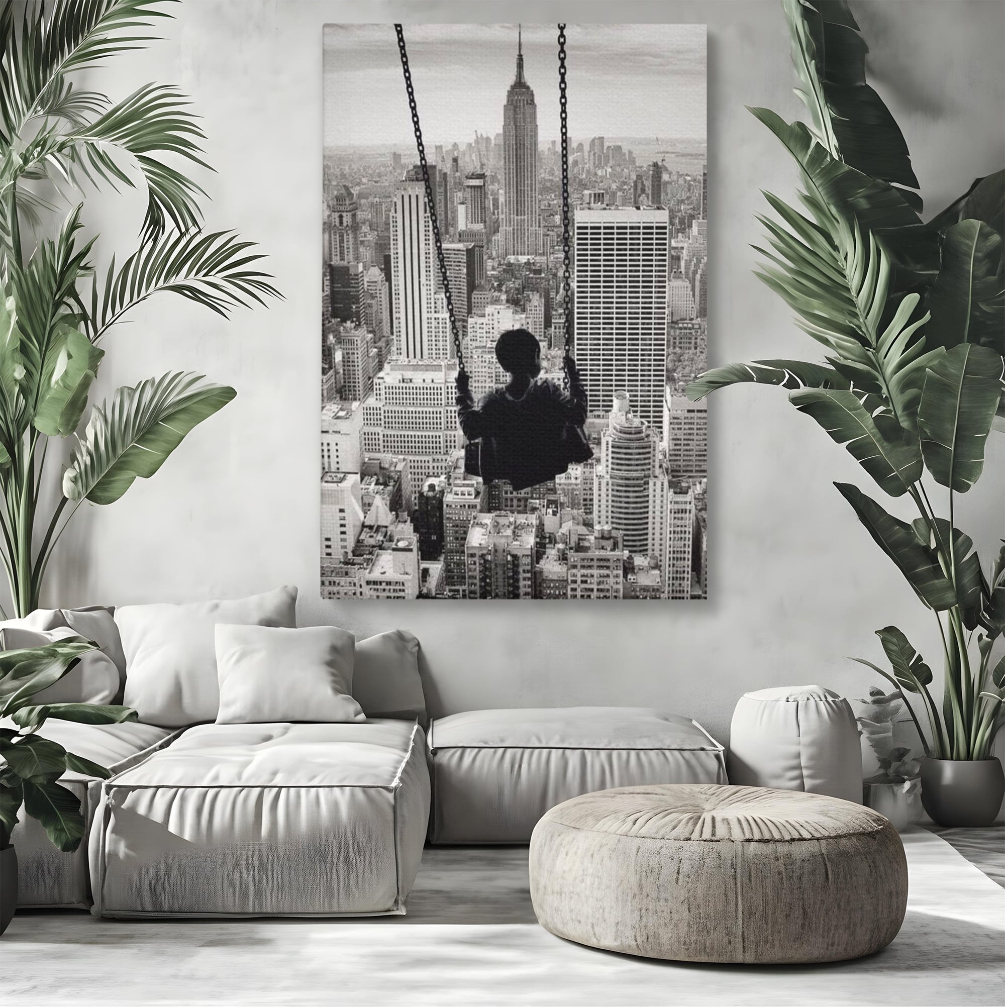 Tablou Canvas Premium, LuxCanva® K1014, Copilul si Acoperisul Lumii, Oras, Leagan, Zgarie Nori, Metropola, Visare, Zbor, Singur, Copil, Alb, Negru, New York, Inocenta, Camera Copii