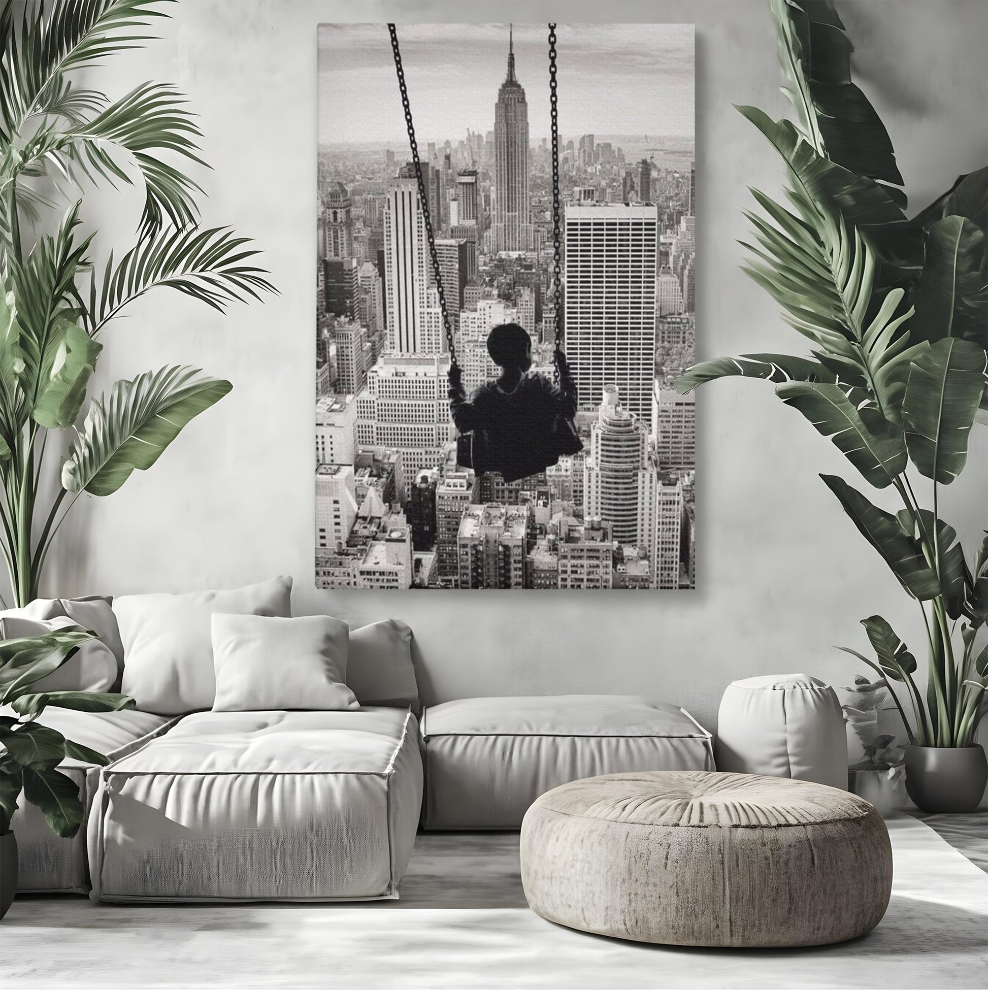 Tablou Canvas Premium, LuxCanva® K1014, Copilul si Acoperisul Lumii, Oras, Leagan, Zgarie Nori, Metropola, Visare, Zbor, Singur, Copil, Alb, Negru, New York, Inocenta, Camera Copii