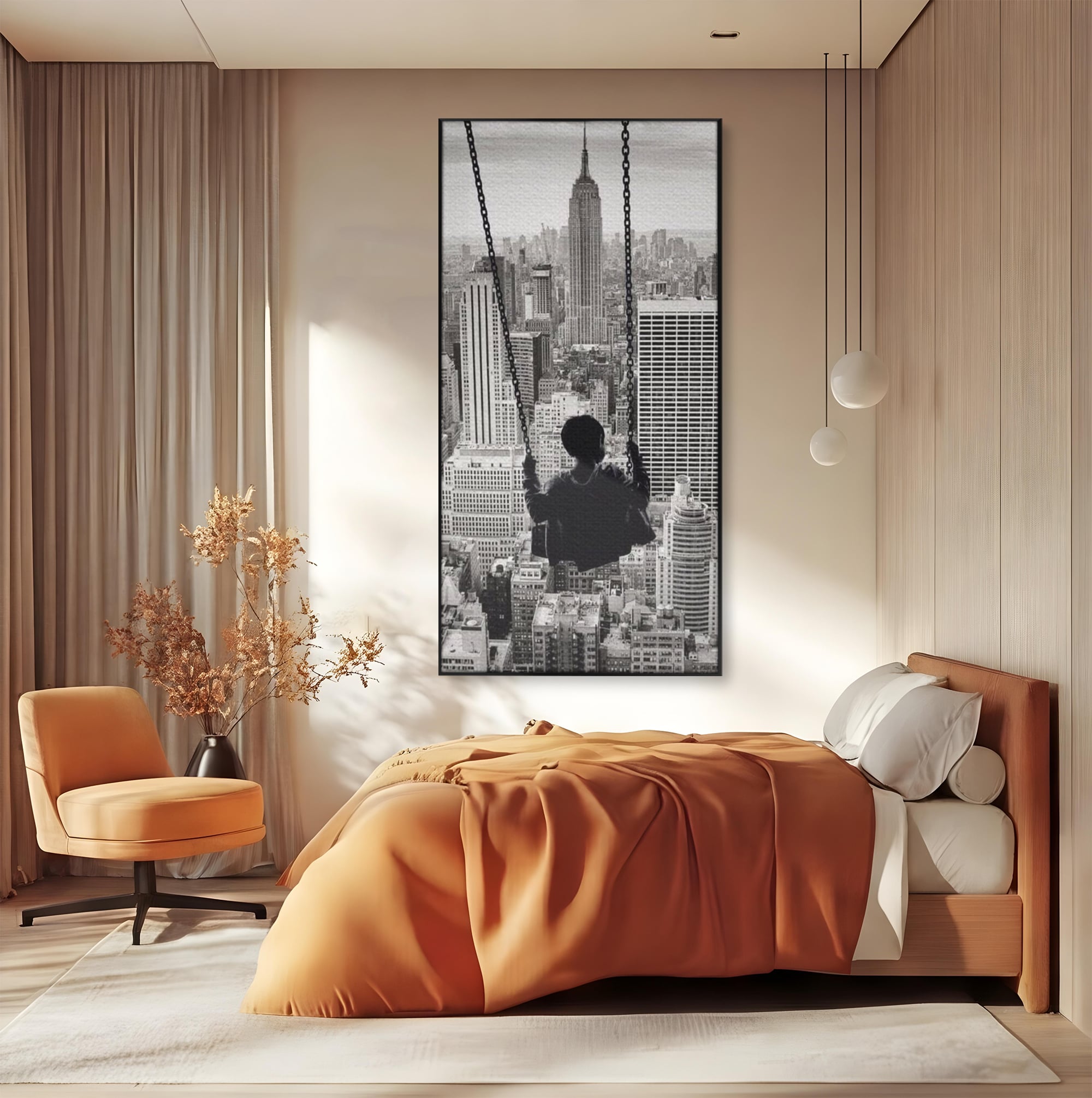 Tablou Canvas Premium, LuxCanva® K1014, Copilul si Acoperisul Lumii, Oras, Leagan, Zgarie Nori, Metropola, Visare, Zbor, Singur, Copil, Alb, Negru, New York, Inocenta, Camera Copii