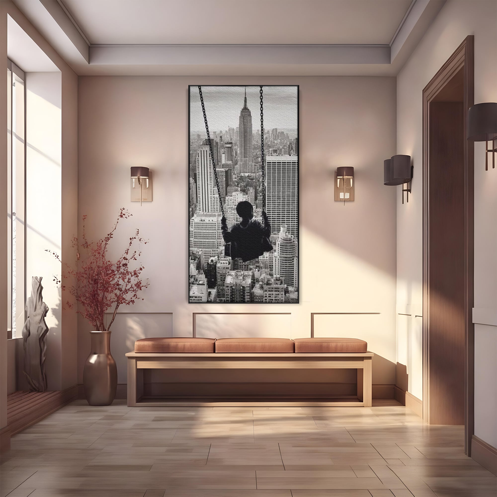 Tablou Canvas Premium, LuxCanva® K1014, Copilul si Acoperisul Lumii, Oras, Leagan, Zgarie Nori, Metropola, Visare, Zbor, Singur, Copil, Alb, Negru, New York, Inocenta, Camera Copii