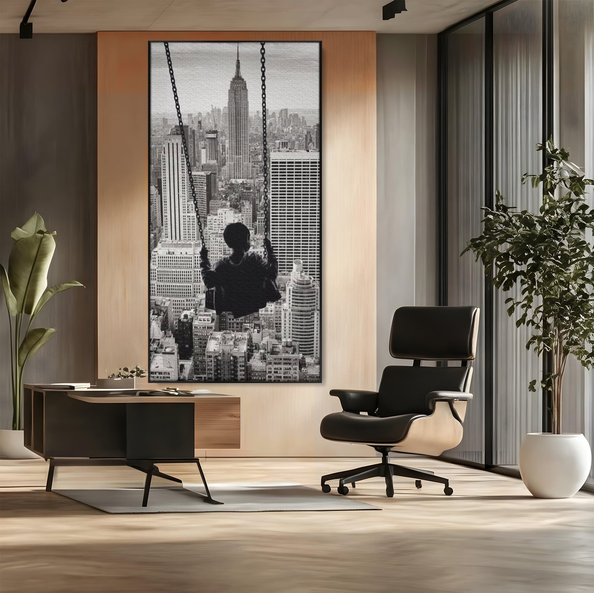 Tablou Canvas Premium, LuxCanva® K1014, Copilul si Acoperisul Lumii, Oras, Leagan, Zgarie Nori, Metropola, Visare, Zbor, Singur, Copil, Alb, Negru, New York, Inocenta, Camera Copii