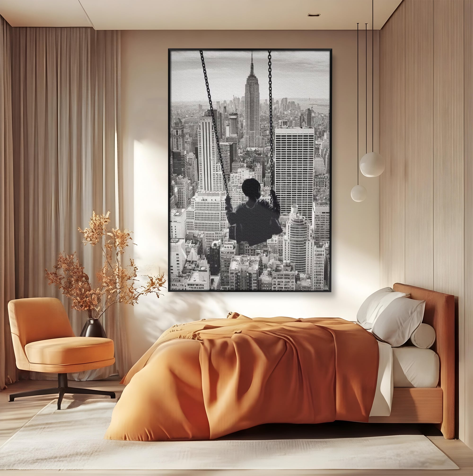 Tablou Canvas Premium, LuxCanva® K1014, Copilul si Acoperisul Lumii, Oras, Leagan, Zgarie Nori, Metropola, Visare, Zbor, Singur, Copil, Alb, Negru, New York, Inocenta, Camera Copii