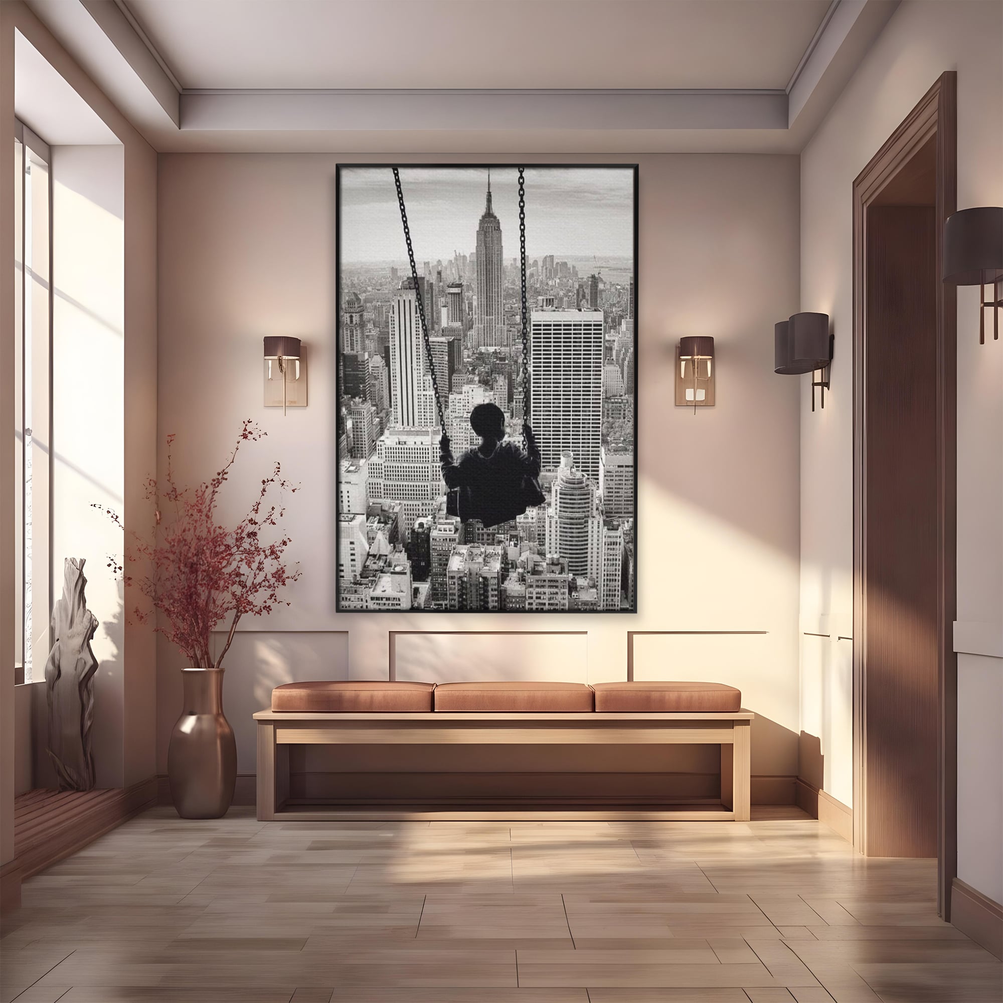 Tablou Canvas Premium, LuxCanva® K1014, Copilul si Acoperisul Lumii, Oras, Leagan, Zgarie Nori, Metropola, Visare, Zbor, Singur, Copil, Alb, Negru, New York, Inocenta, Camera Copii