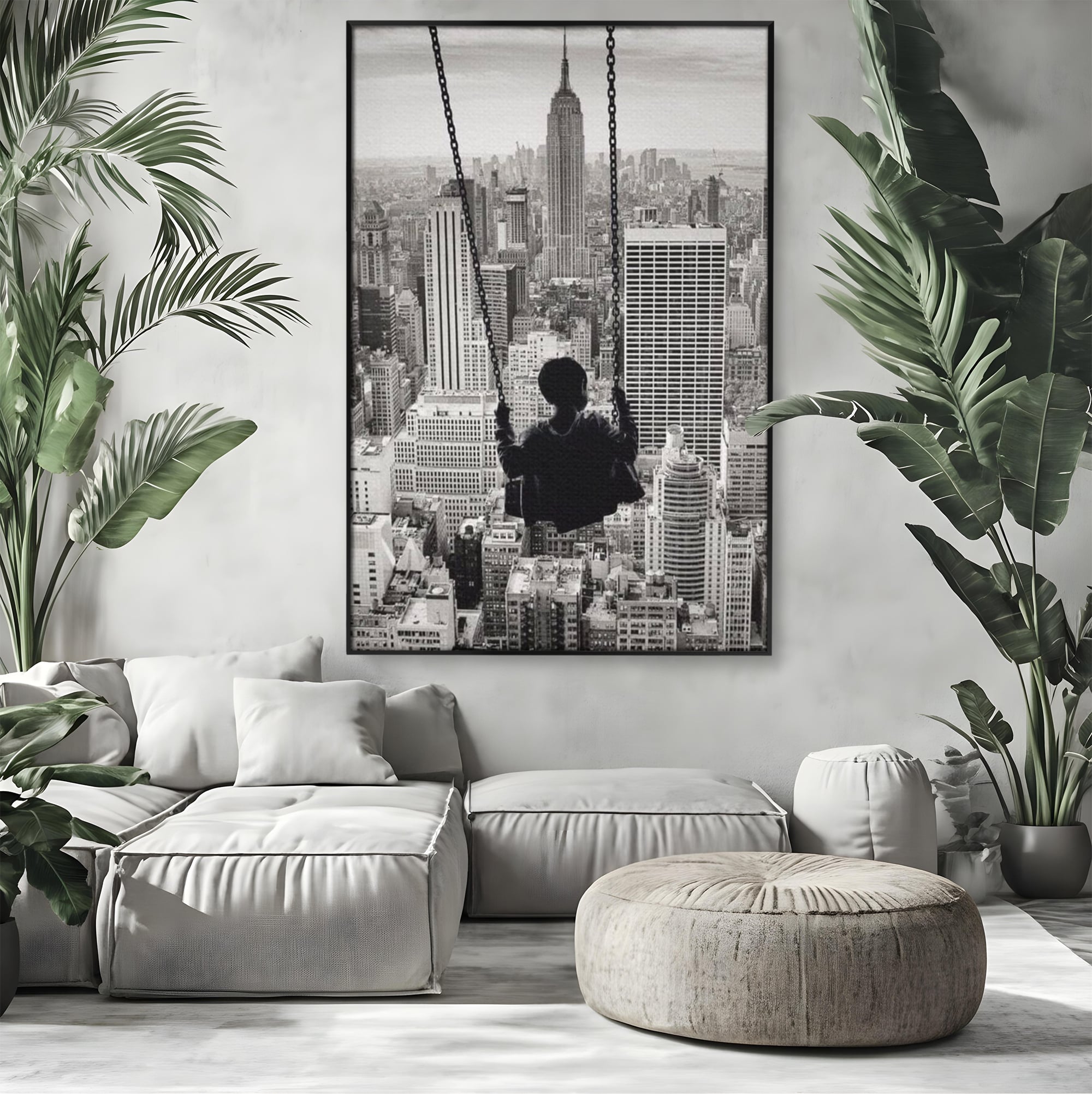 Tablou Canvas Premium, LuxCanva® K1014, Copilul si Acoperisul Lumii, Oras, Leagan, Zgarie Nori, Metropola, Visare, Zbor, Singur, Copil, Alb, Negru, New York, Inocenta, Camera Copii