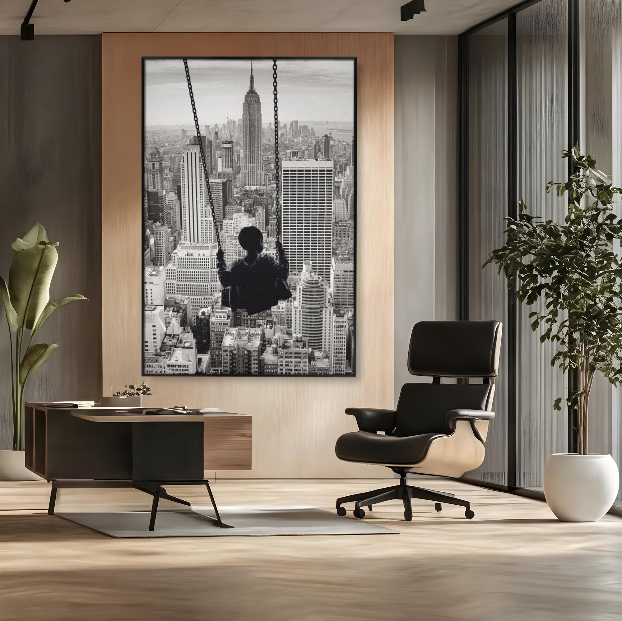 Tablou Canvas Premium, LuxCanva® K1014, Copilul si Acoperisul Lumii, Oras, Leagan, Zgarie Nori, Metropola, Visare, Zbor, Singur, Copil, Alb, Negru, New York, Inocenta, Camera Copii