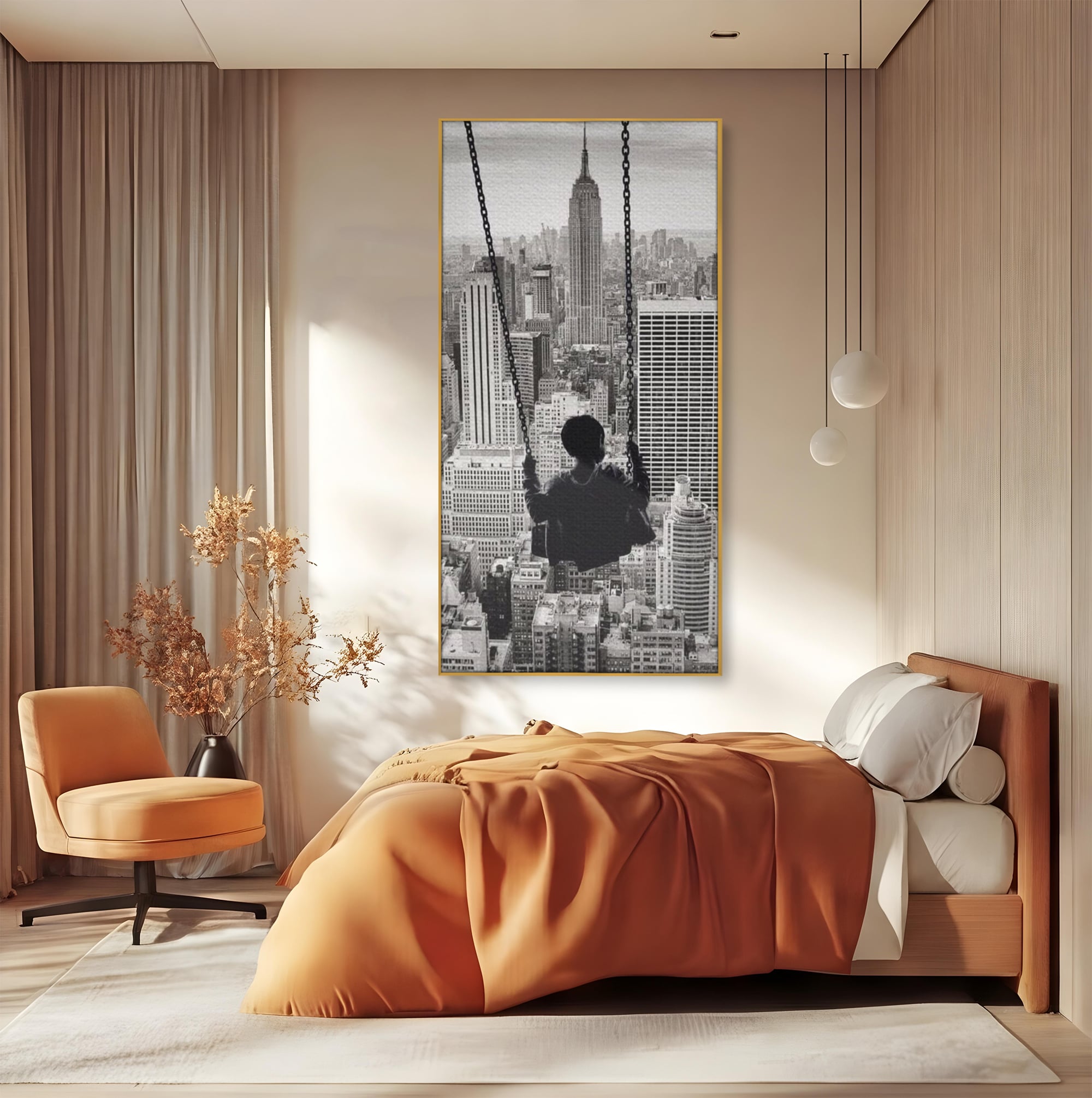 Tablou Canvas Premium, LuxCanva® K1014, Copilul si Acoperisul Lumii, Oras, Leagan, Zgarie Nori, Metropola, Visare, Zbor, Singur, Copil, Alb, Negru, New York, Inocenta, Camera Copii