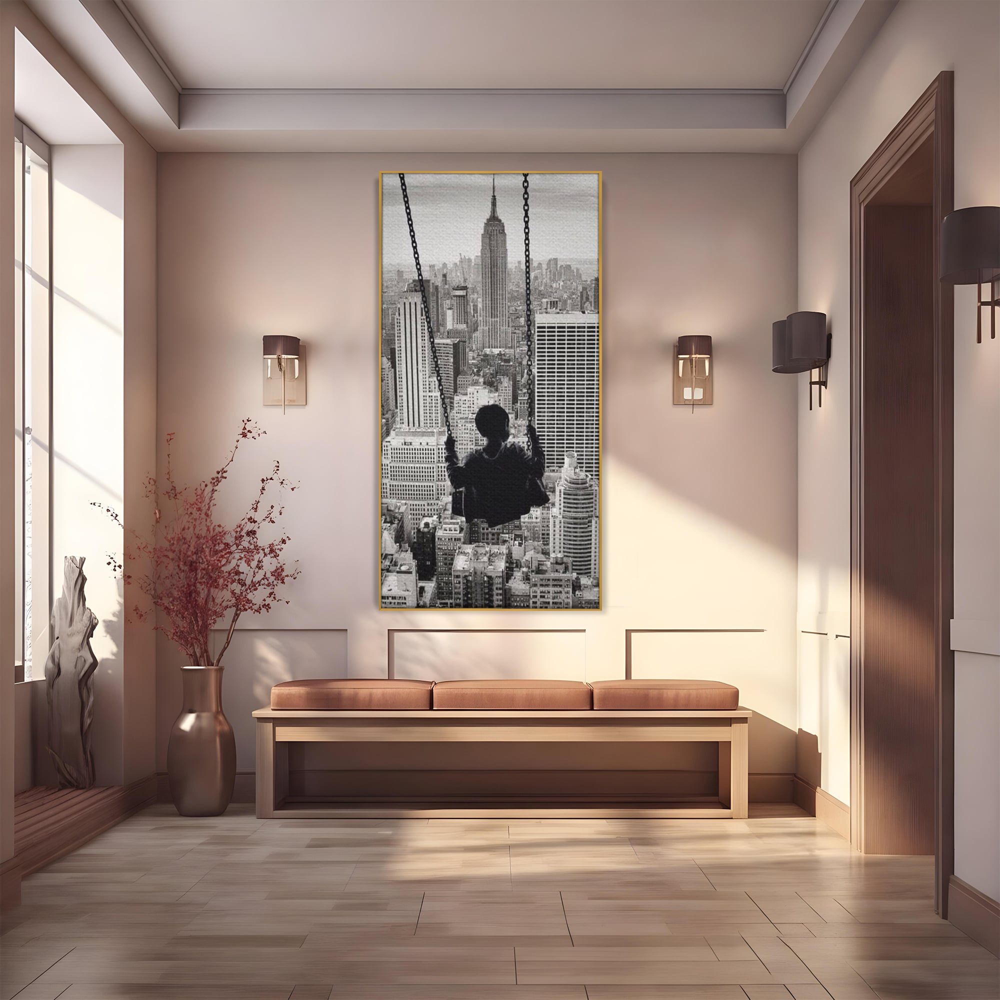 Tablou Canvas Premium, LuxCanva® K1014, Copilul si Acoperisul Lumii, Oras, Leagan, Zgarie Nori, Metropola, Visare, Zbor, Singur, Copil, Alb, Negru, New York, Inocenta, Camera Copii