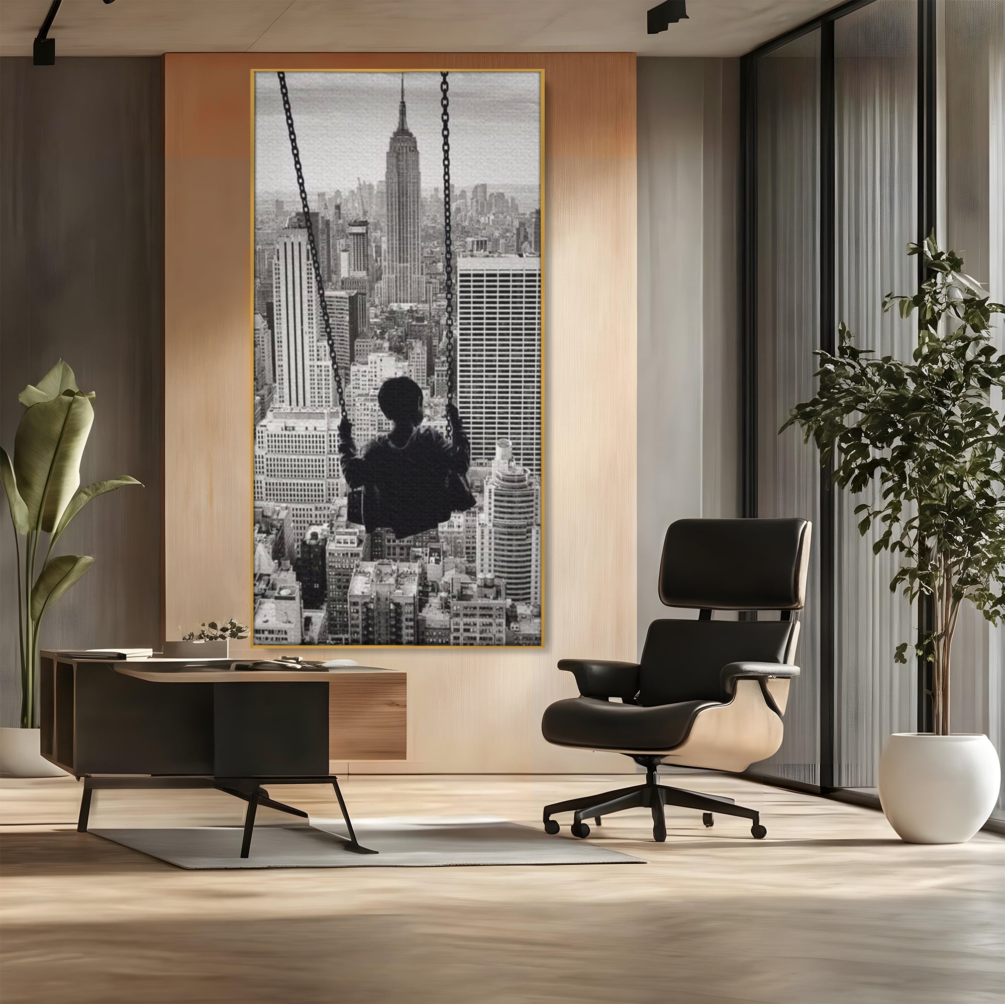 Tablou Canvas Premium, LuxCanva® K1014, Copilul si Acoperisul Lumii, Oras, Leagan, Zgarie Nori, Metropola, Visare, Zbor, Singur, Copil, Alb, Negru, New York, Inocenta, Camera Copii