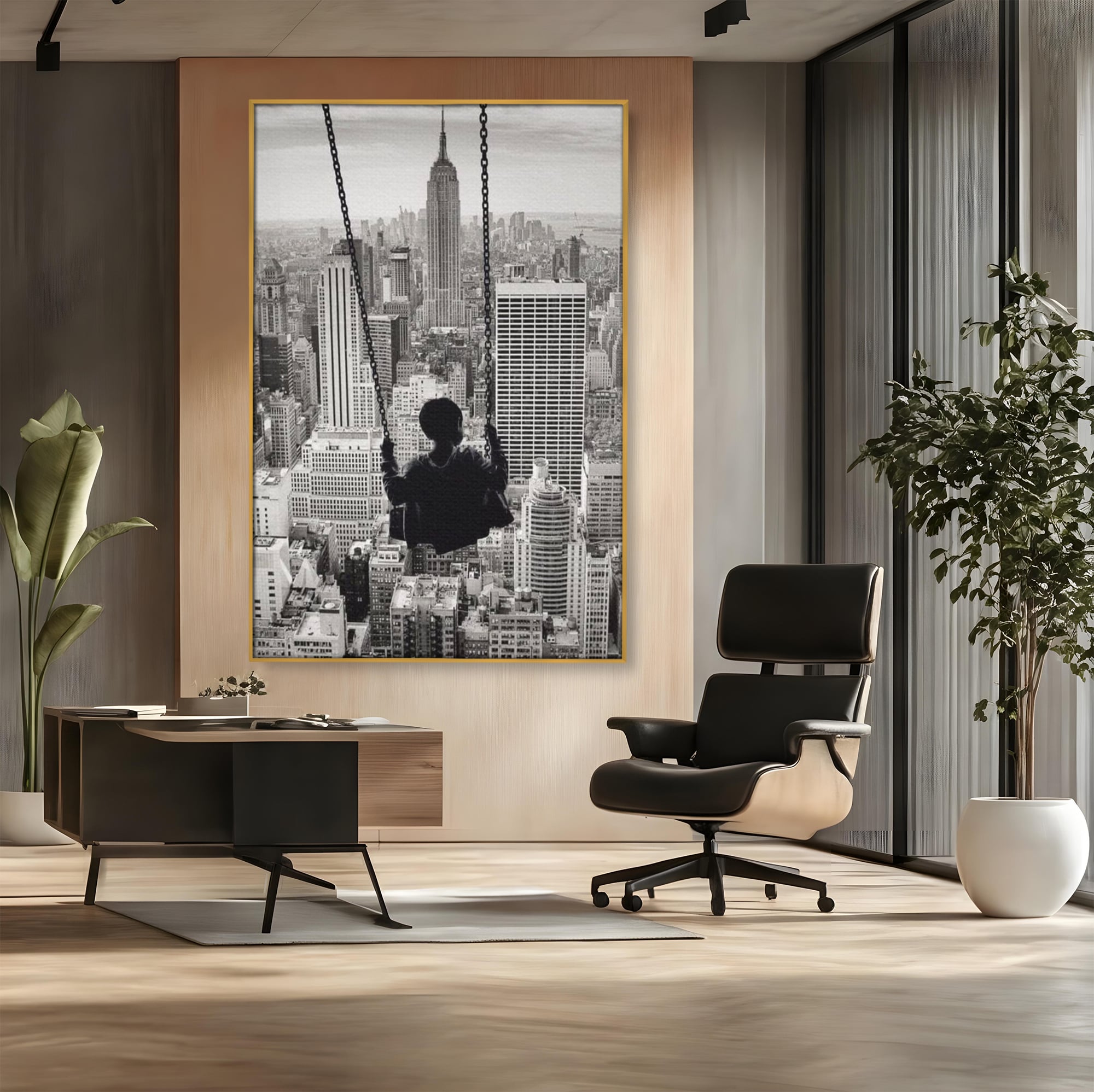 Tablou Canvas Premium, LuxCanva® K1014, Copilul si Acoperisul Lumii, Oras, Leagan, Zgarie Nori, Metropola, Visare, Zbor, Singur, Copil, Alb, Negru, New York, Inocenta, Camera Copii