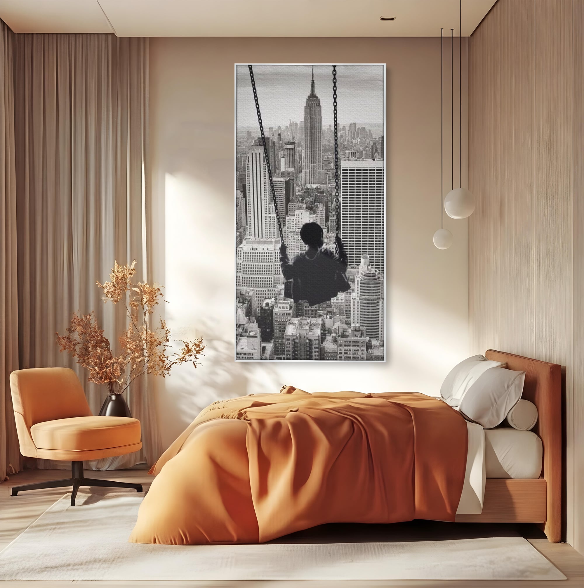 Tablou Canvas Premium, LuxCanva® K1014, Copilul si Acoperisul Lumii, Oras, Leagan, Zgarie Nori, Metropola, Visare, Zbor, Singur, Copil, Alb, Negru, New York, Inocenta, Camera Copii