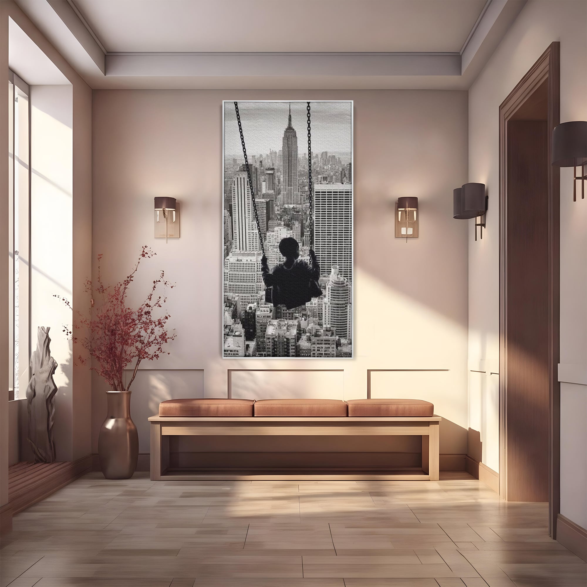 Tablou Canvas Premium, LuxCanva® K1014, Copilul si Acoperisul Lumii, Oras, Leagan, Zgarie Nori, Metropola, Visare, Zbor, Singur, Copil, Alb, Negru, New York, Inocenta, Camera Copii