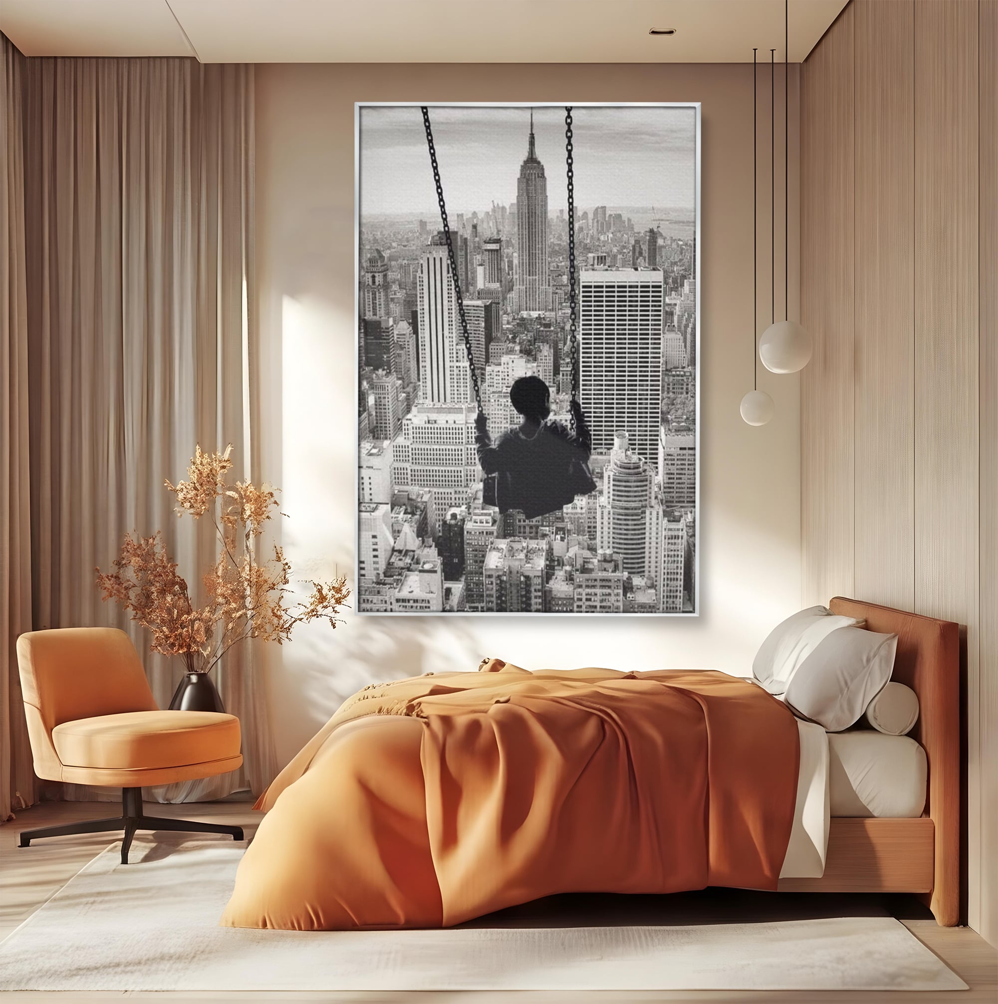 Tablou Canvas Premium, LuxCanva® K1014, Copilul si Acoperisul Lumii, Oras, Leagan, Zgarie Nori, Metropola, Visare, Zbor, Singur, Copil, Alb, Negru, New York, Inocenta, Camera Copii
