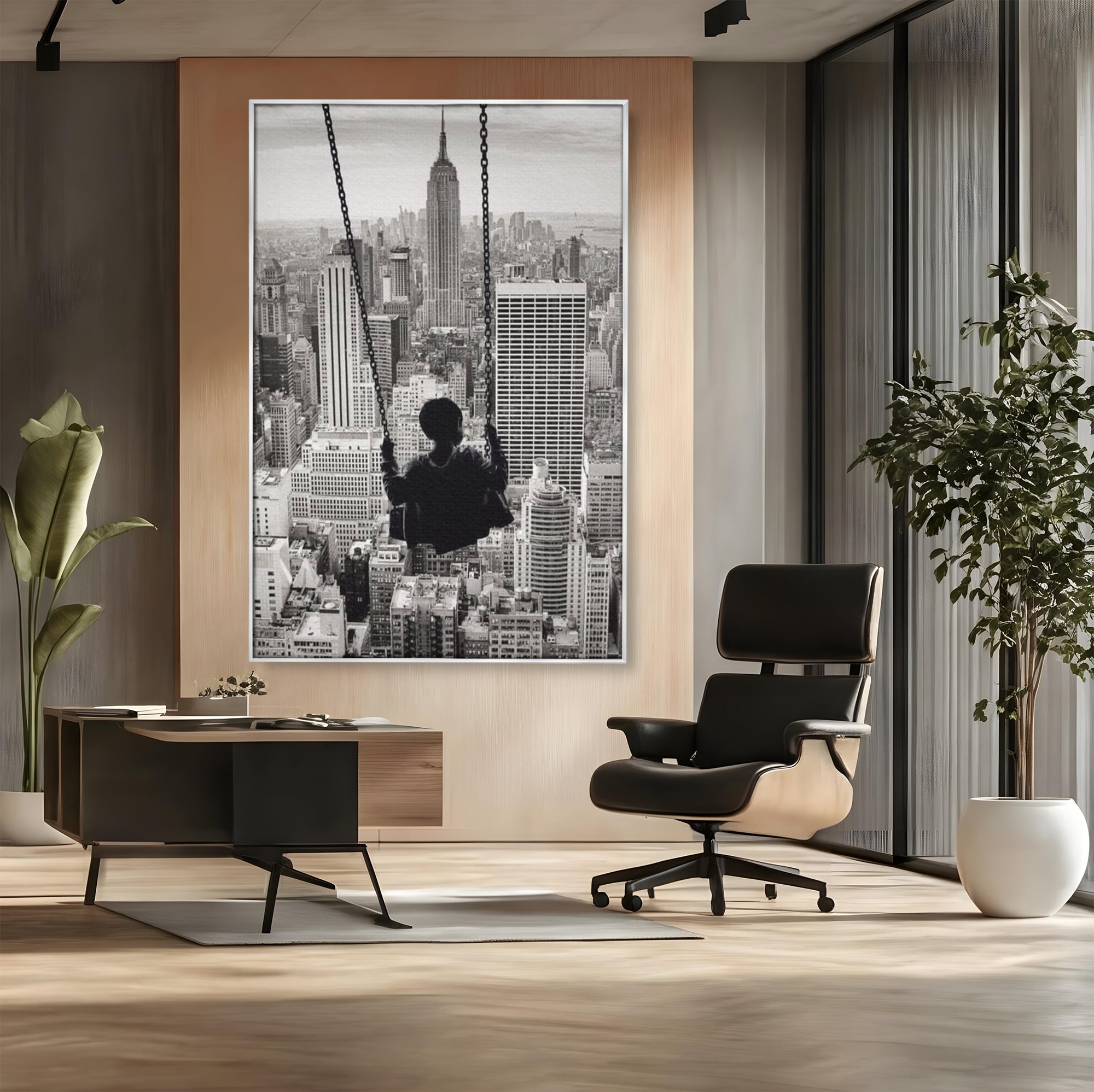Tablou Canvas Premium, LuxCanva® K1014, Copilul si Acoperisul Lumii, Oras, Leagan, Zgarie Nori, Metropola, Visare, Zbor, Singur, Copil, Alb, Negru, New York, Inocenta, Camera Copii