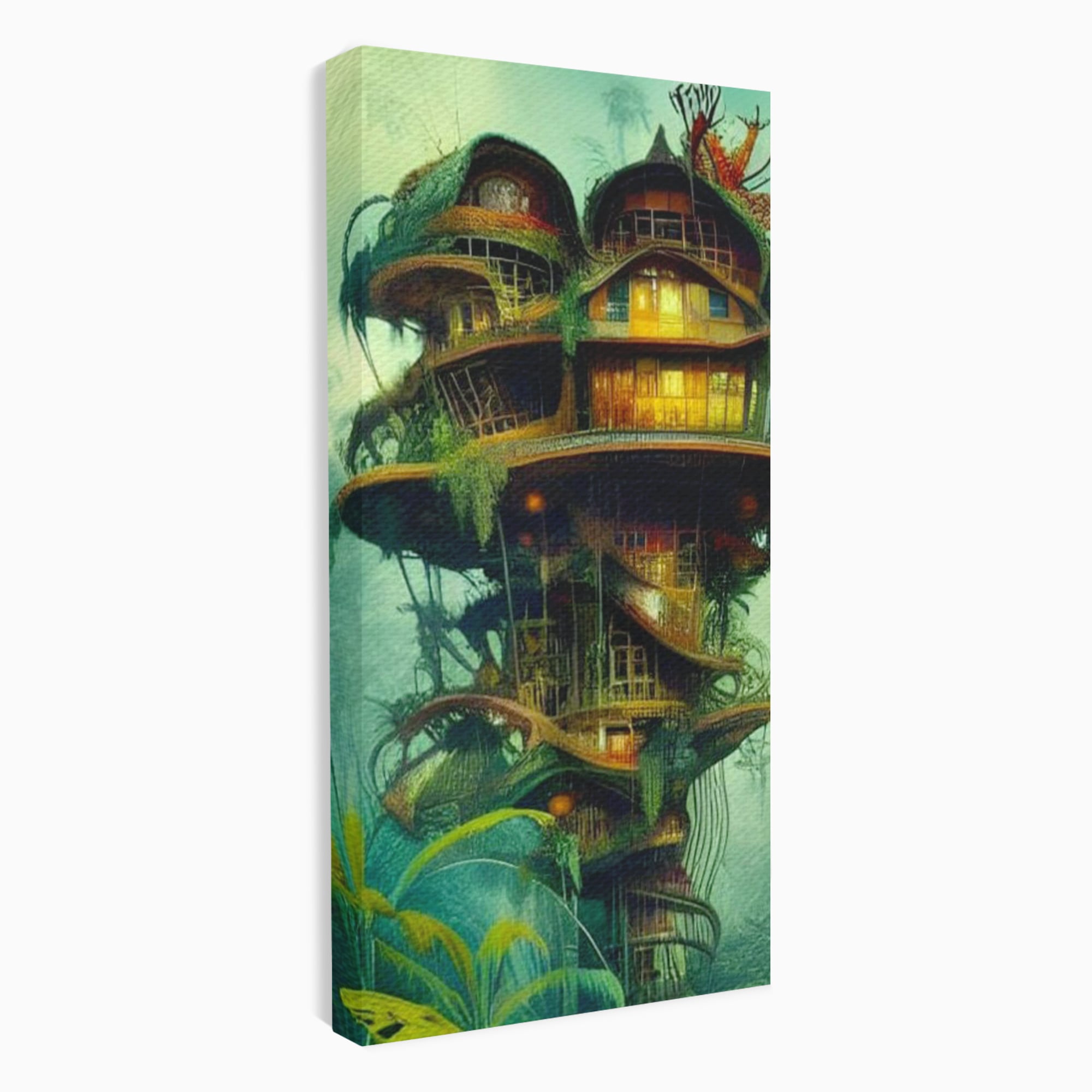 Tablou Canvas Premium, LuxCanva® K1015, Casuta din Copacul Vrajit, Turn, Padure, Fermecata, Aventura, Refugiu, Secrete, Spiridusi, Basm, Fantasma, Natura, Verde, Camera Copii