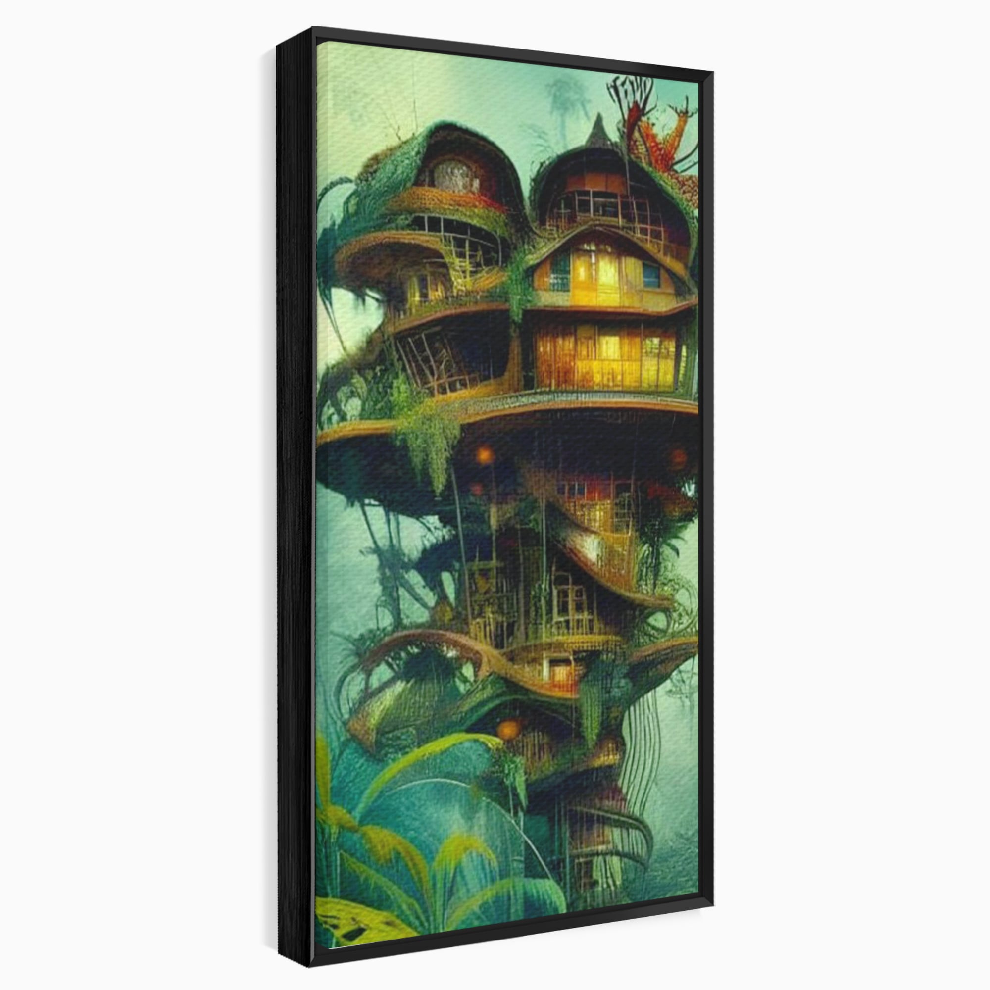 Tablou Canvas Premium, LuxCanva® K1015, Casuta din Copacul Vrajit, Turn, Padure, Fermecata, Aventura, Refugiu, Secrete, Spiridusi, Basm, Fantasma, Natura, Verde, Camera Copii