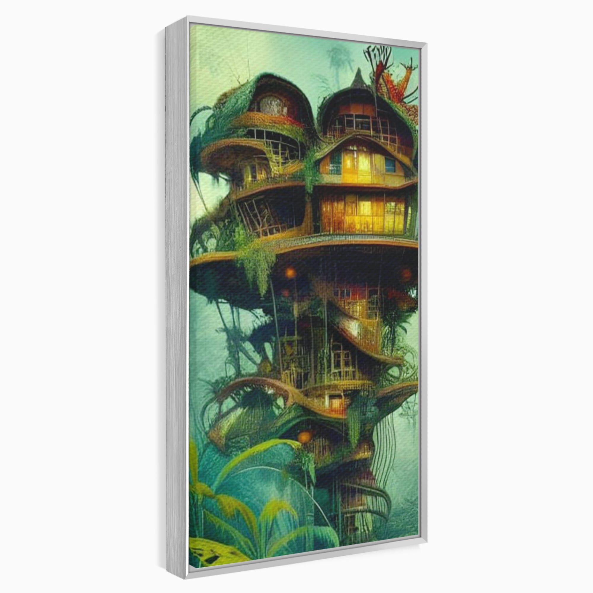Tablou Canvas Premium, LuxCanva® K1015, Casuta din Copacul Vrajit, Turn, Padure, Fermecata, Aventura, Refugiu, Secrete, Spiridusi, Basm, Fantasma, Natura, Verde, Camera Copii