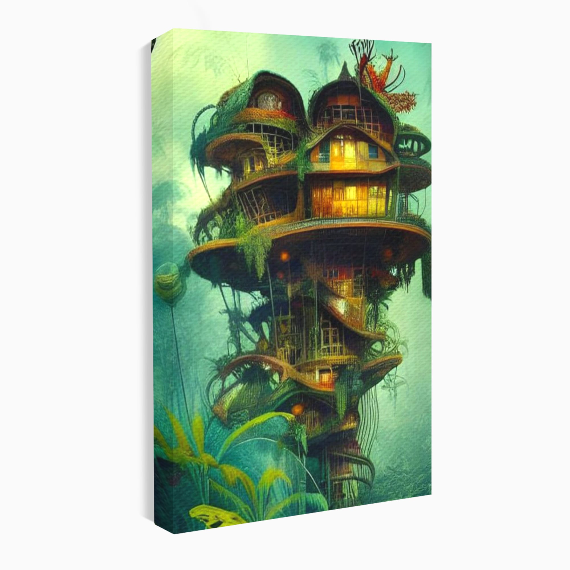 Tablou Canvas Premium, LuxCanva® K1015, Casuta din Copacul Vrajit, Turn, Padure, Fermecata, Aventura, Refugiu, Secrete, Spiridusi, Basm, Fantasma, Natura, Verde, Camera Copii