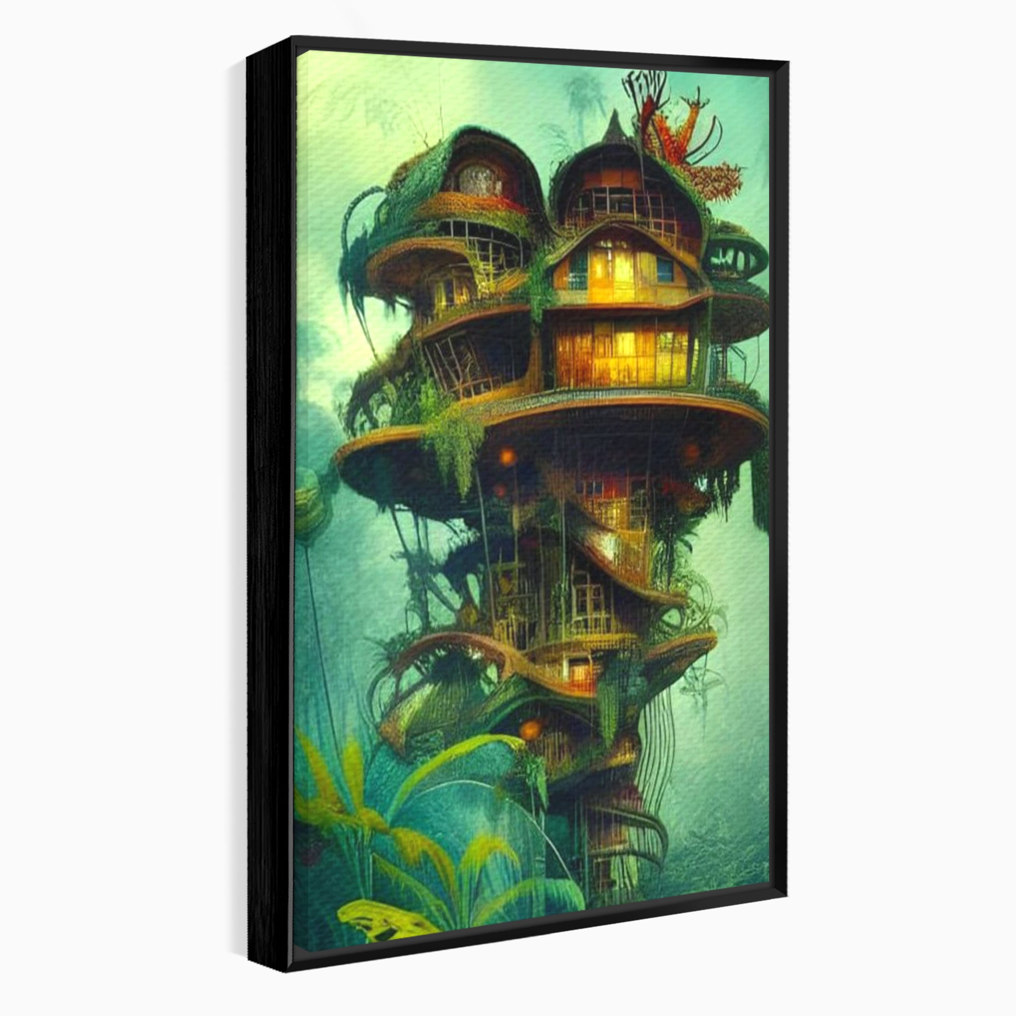 Tablou Canvas Premium, LuxCanva® K1015, Casuta din Copacul Vrajit, Turn, Padure, Fermecata, Aventura, Refugiu, Secrete, Spiridusi, Basm, Fantasma, Natura, Verde, Camera Copii