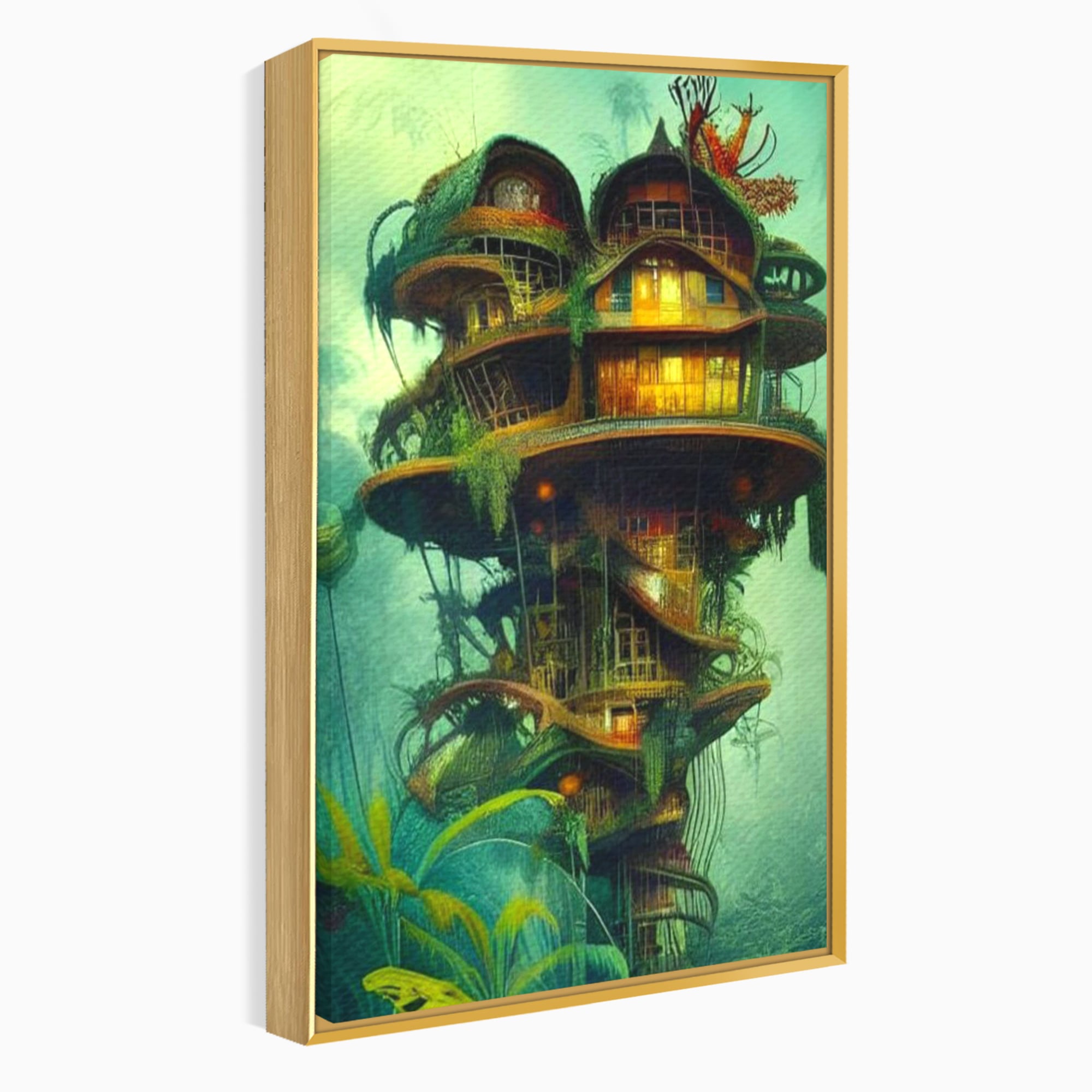 Tablou Canvas Premium, LuxCanva® K1015, Casuta din Copacul Vrajit, Turn, Padure, Fermecata, Aventura, Refugiu, Secrete, Spiridusi, Basm, Fantasma, Natura, Verde, Camera Copii