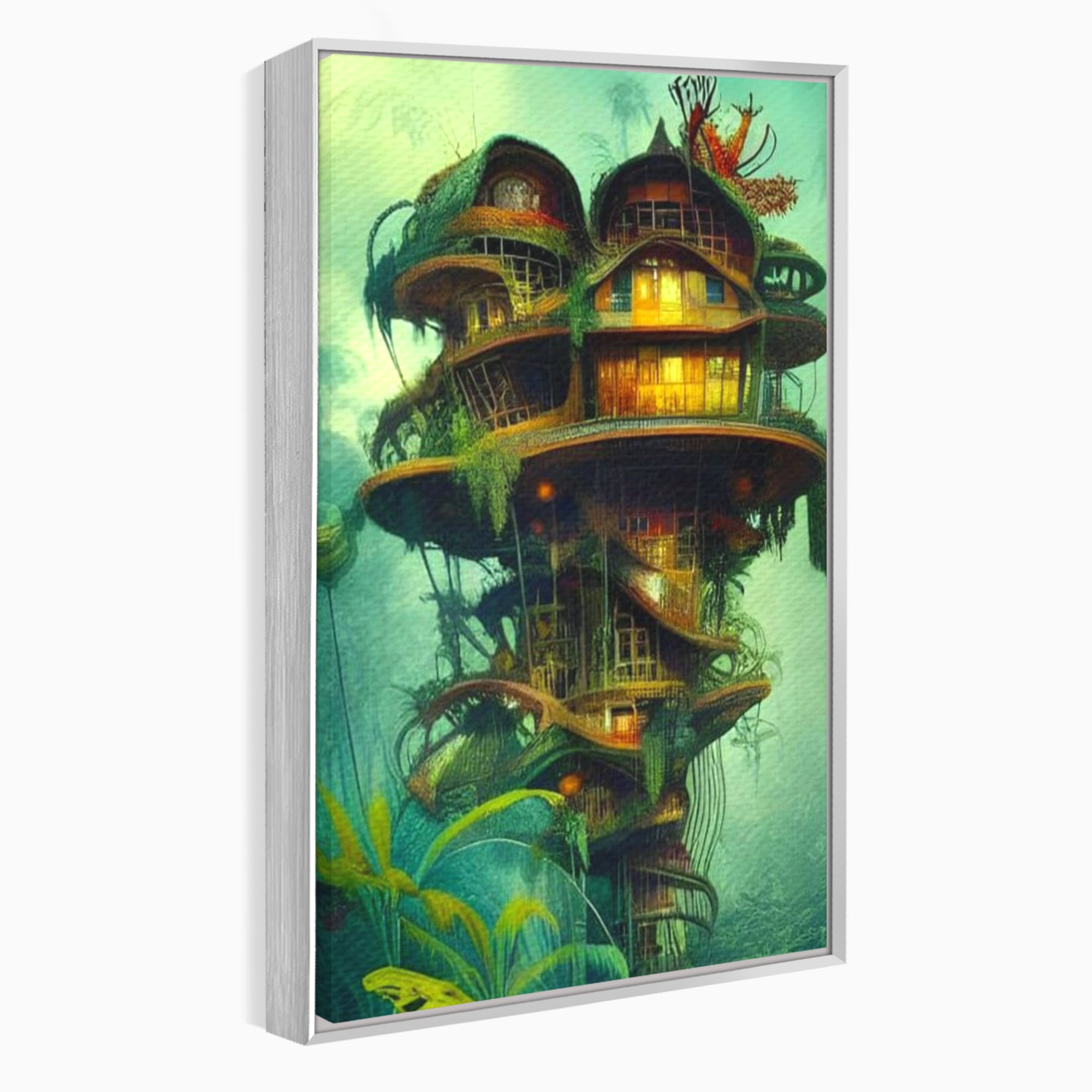 Tablou Canvas Premium, LuxCanva® K1015, Casuta din Copacul Vrajit, Turn, Padure, Fermecata, Aventura, Refugiu, Secrete, Spiridusi, Basm, Fantasma, Natura, Verde, Camera Copii