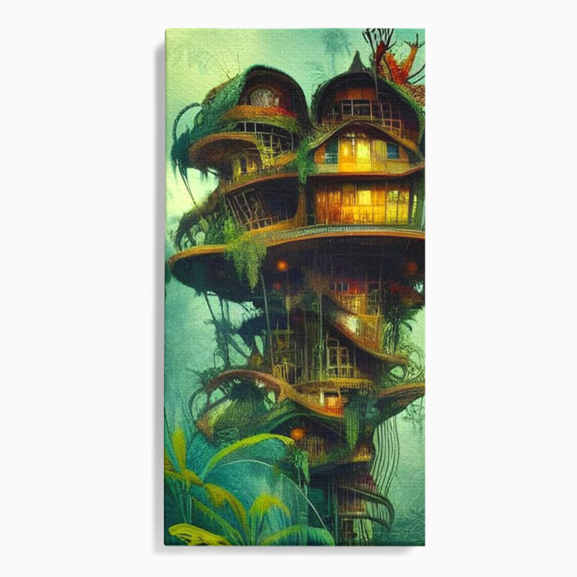 Tablou Canvas Premium, LuxCanva® K1015, Casuta din Copacul Vrajit, Turn, Padure, Fermecata, Aventura, Refugiu, Secrete, Spiridusi, Basm, Fantasma, Natura, Verde, Camera Copii