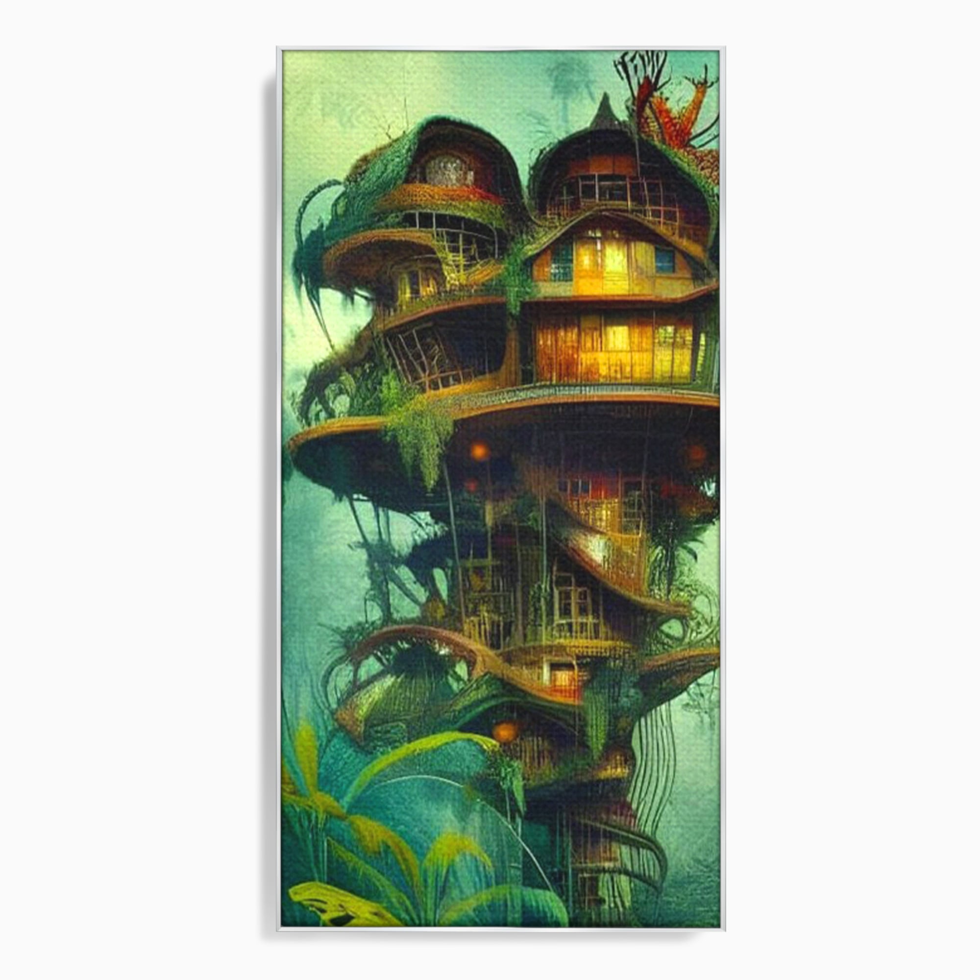 Tablou Canvas Premium, LuxCanva® K1015, Casuta din Copacul Vrajit, Turn, Padure, Fermecata, Aventura, Refugiu, Secrete, Spiridusi, Basm, Fantasma, Natura, Verde, Camera Copii