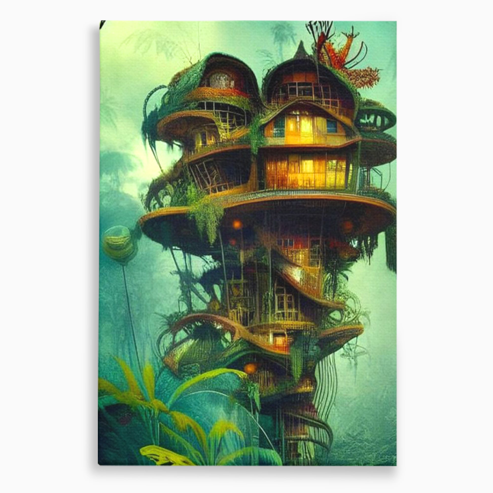Tablou Canvas Premium, LuxCanva® K1015, Casuta din Copacul Vrajit, Turn, Padure, Fermecata, Aventura, Refugiu, Secrete, Spiridusi, Basm, Fantasma, Natura, Verde, Camera Copii