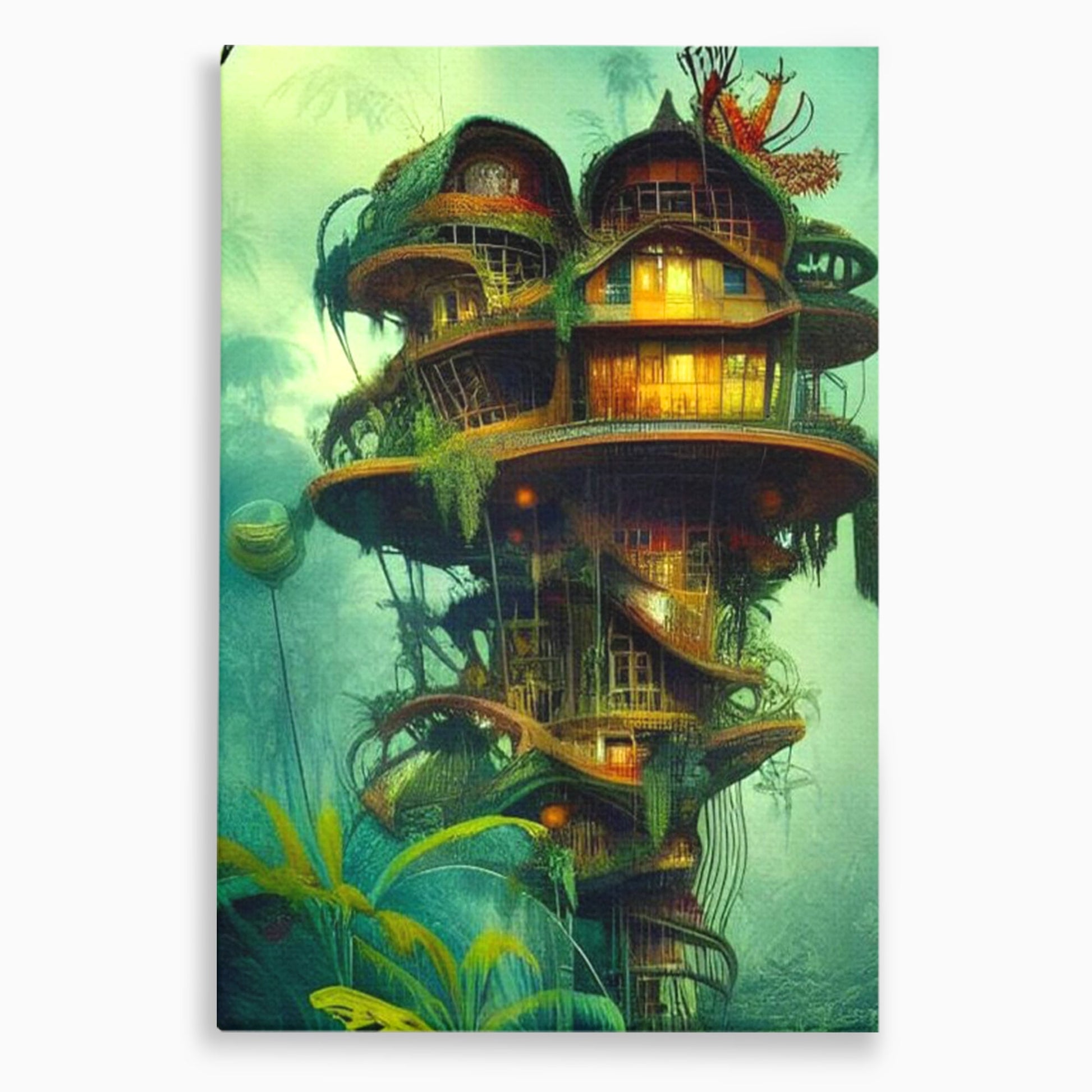 Tablou Canvas Premium, LuxCanva® K1015, Casuta din Copacul Vrajit, Turn, Padure, Fermecata, Aventura, Refugiu, Secrete, Spiridusi, Basm, Fantasma, Natura, Verde, Camera Copii