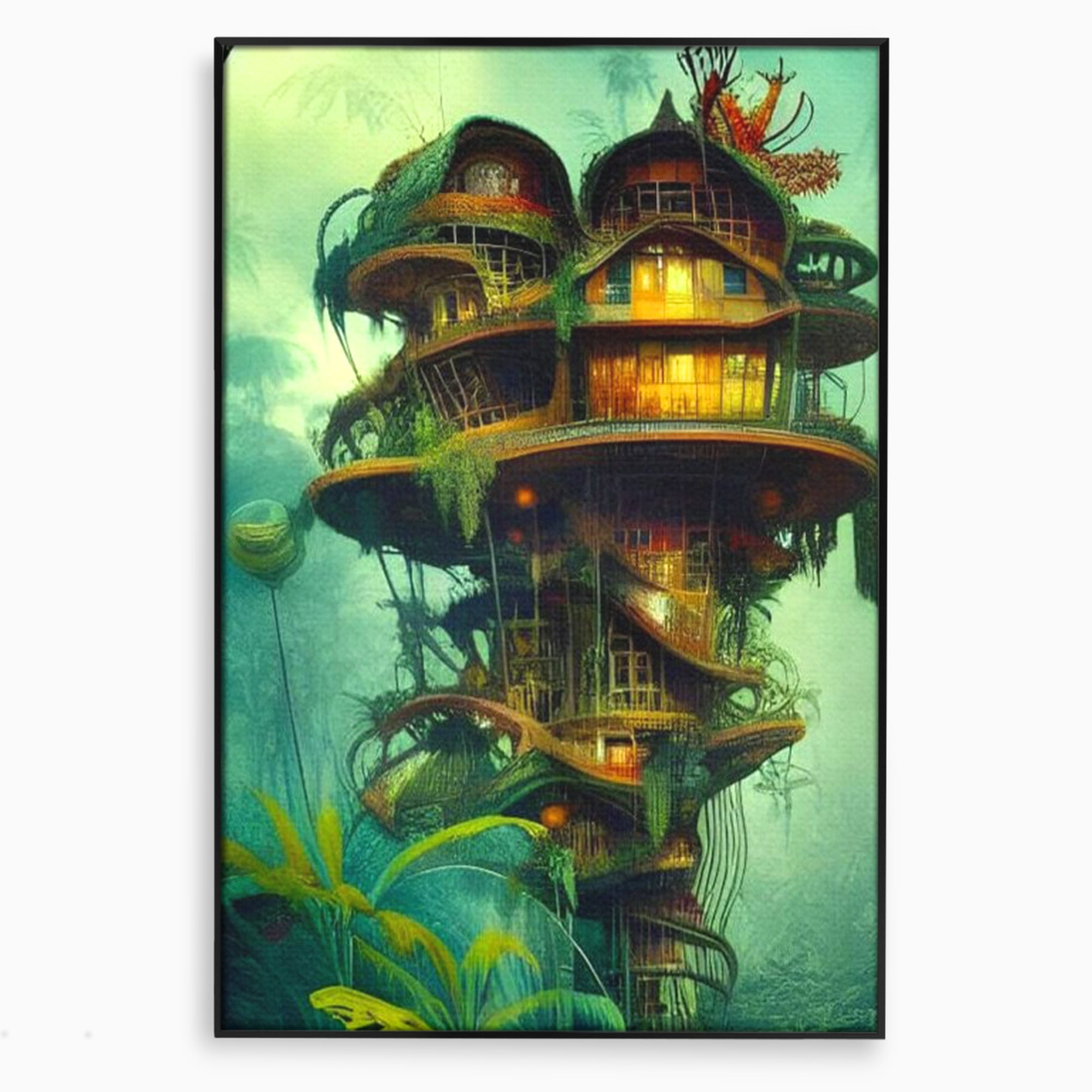 Tablou Canvas Premium, LuxCanva® K1015, Casuta din Copacul Vrajit, Turn, Padure, Fermecata, Aventura, Refugiu, Secrete, Spiridusi, Basm, Fantasma, Natura, Verde, Camera Copii
