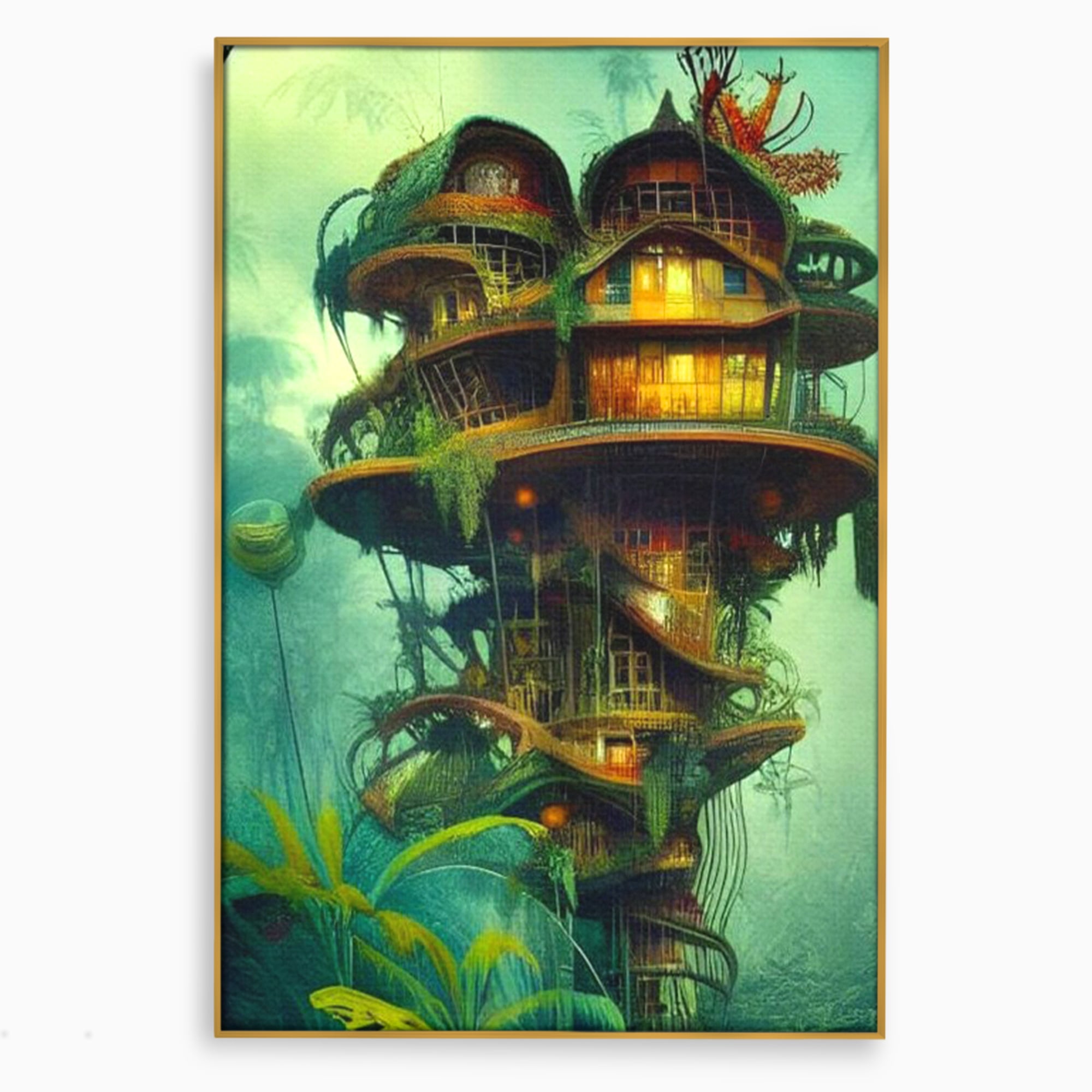 Tablou Canvas Premium, LuxCanva® K1015, Casuta din Copacul Vrajit, Turn, Padure, Fermecata, Aventura, Refugiu, Secrete, Spiridusi, Basm, Fantasma, Natura, Verde, Camera Copii