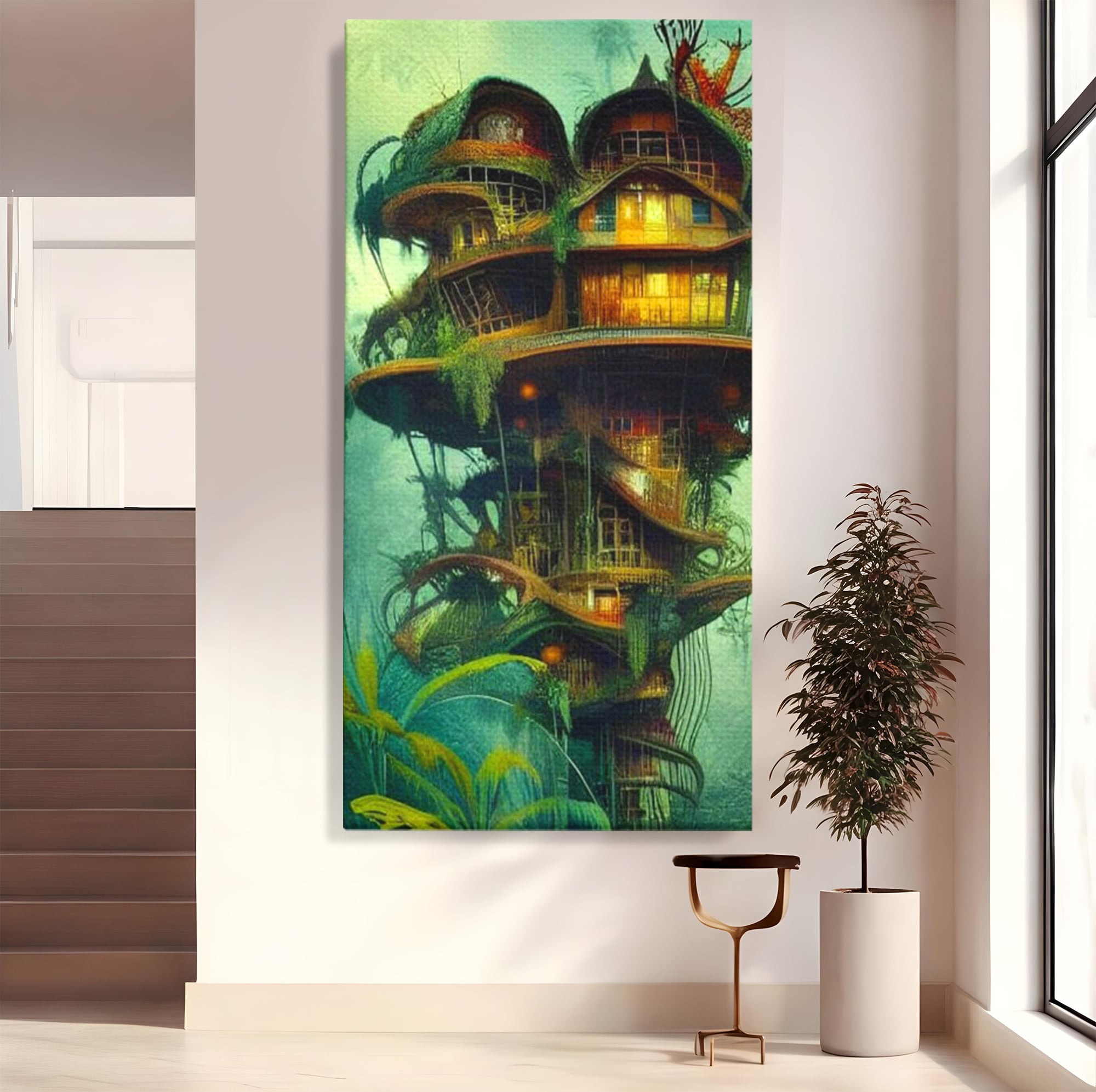 Tablou Canvas Premium, LuxCanva® K1015, Casuta din Copacul Vrajit, Turn, Padure, Fermecata, Aventura, Refugiu, Secrete, Spiridusi, Basm, Fantasma, Natura, Verde, Camera Copii