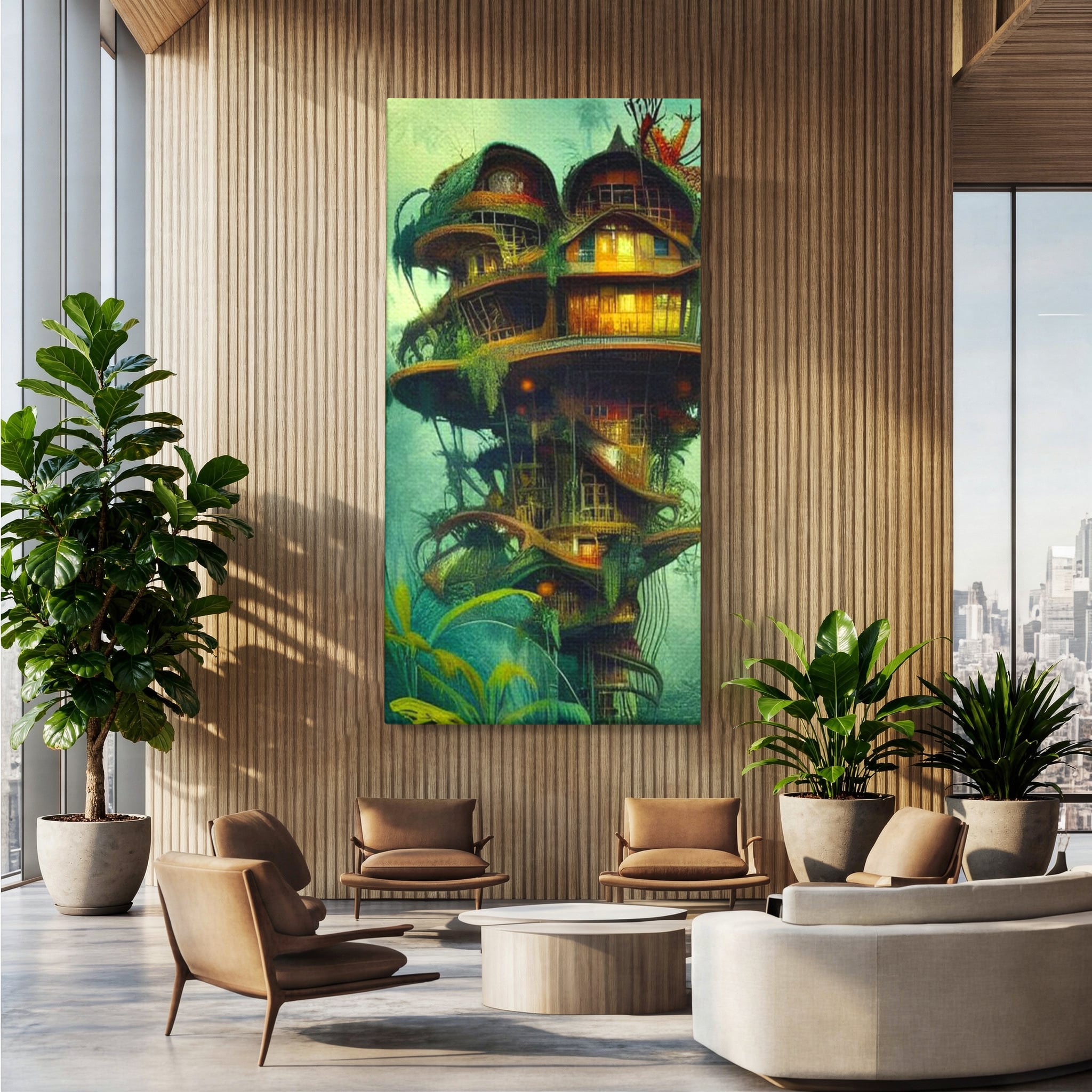 Tablou Canvas Premium, LuxCanva® K1015, Casuta din Copacul Vrajit, Turn, Padure, Fermecata, Aventura, Refugiu, Secrete, Spiridusi, Basm, Fantasma, Natura, Verde, Camera Copii