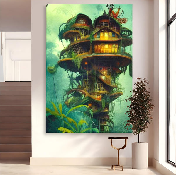 Tablou Canvas Premium, LuxCanva® K1015, Casuta din Copacul Vrajit, Turn, Padure, Fermecata, Aventura, Refugiu, Secrete, Spiridusi, Basm, Fantasma, Natura, Verde, Camera Copii