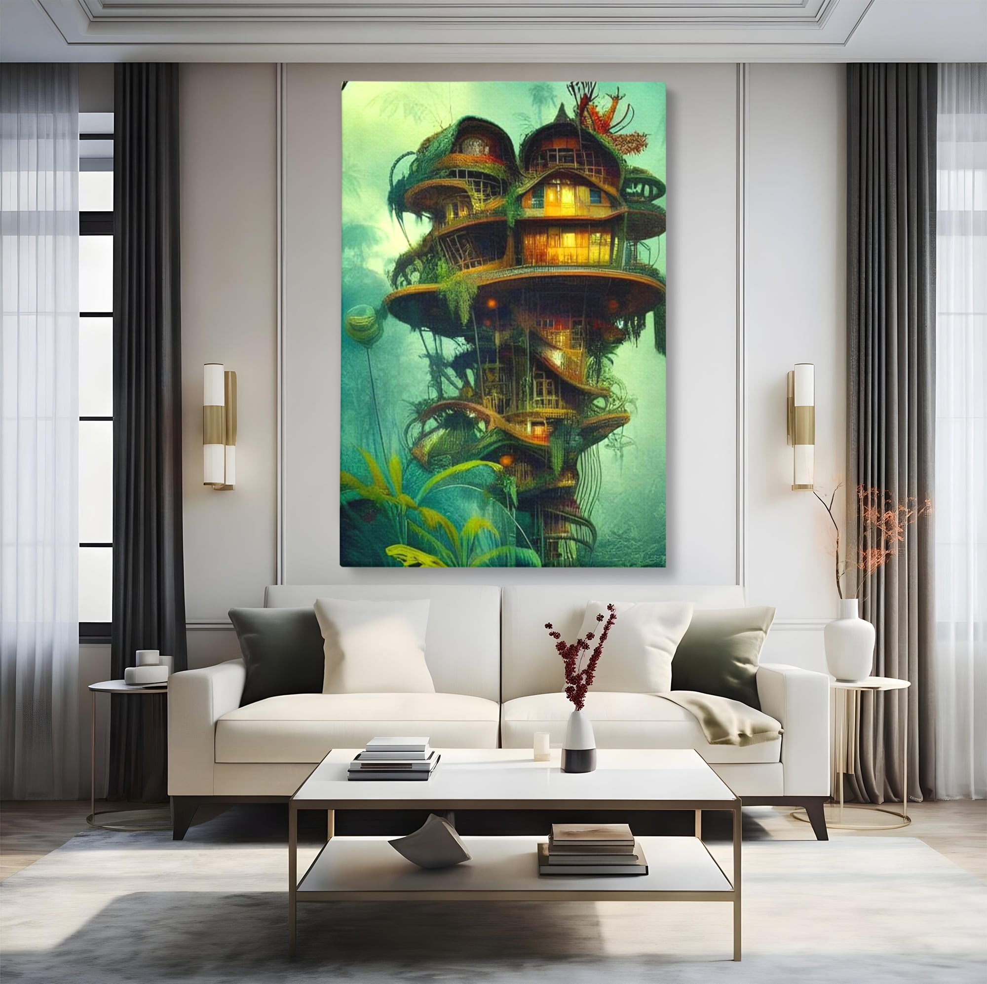 Tablou Canvas Premium, LuxCanva® K1015, Casuta din Copacul Vrajit, Turn, Padure, Fermecata, Aventura, Refugiu, Secrete, Spiridusi, Basm, Fantasma, Natura, Verde, Camera Copii