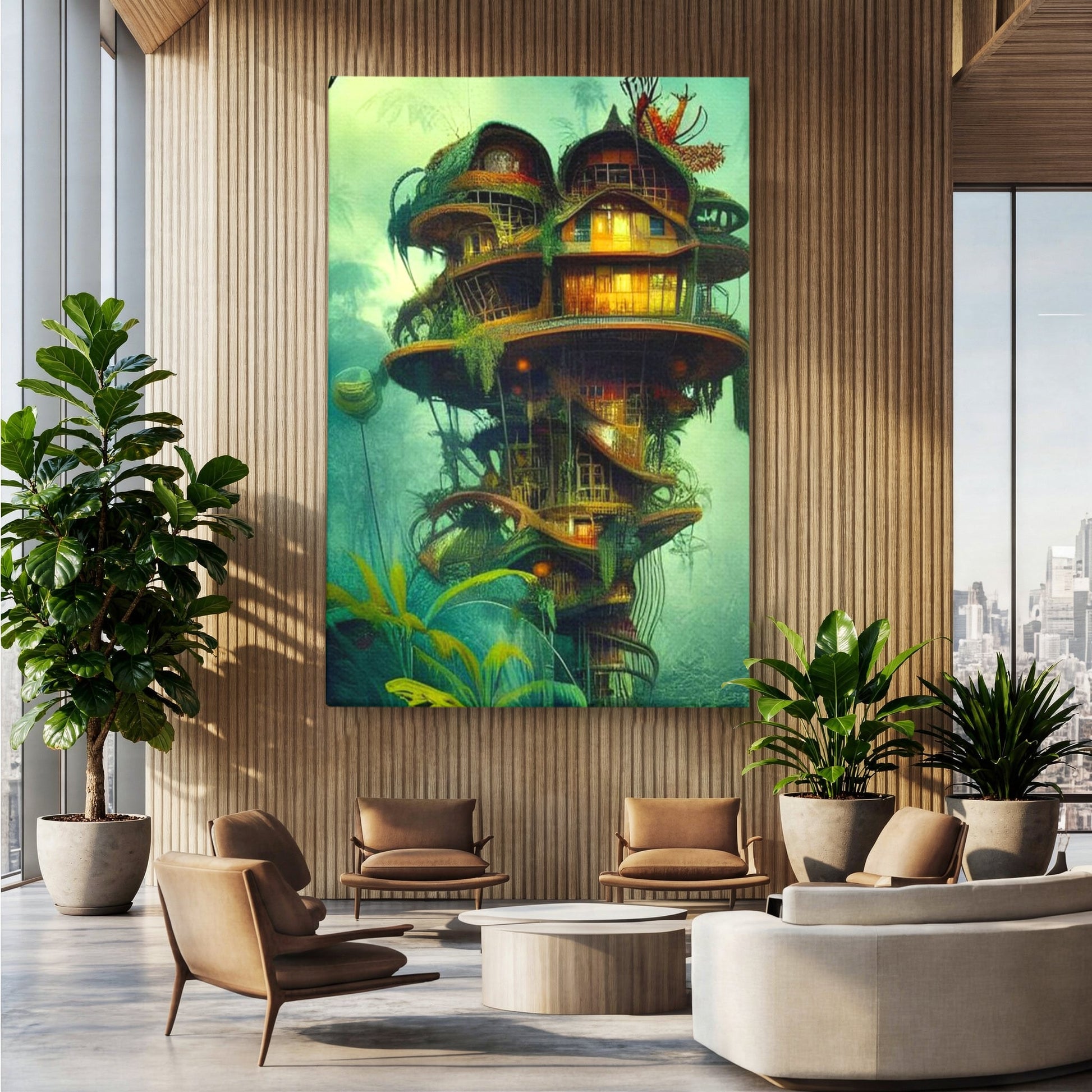Tablou Canvas Premium, LuxCanva® K1015, Casuta din Copacul Vrajit, Turn, Padure, Fermecata, Aventura, Refugiu, Secrete, Spiridusi, Basm, Fantasma, Natura, Verde, Camera Copii