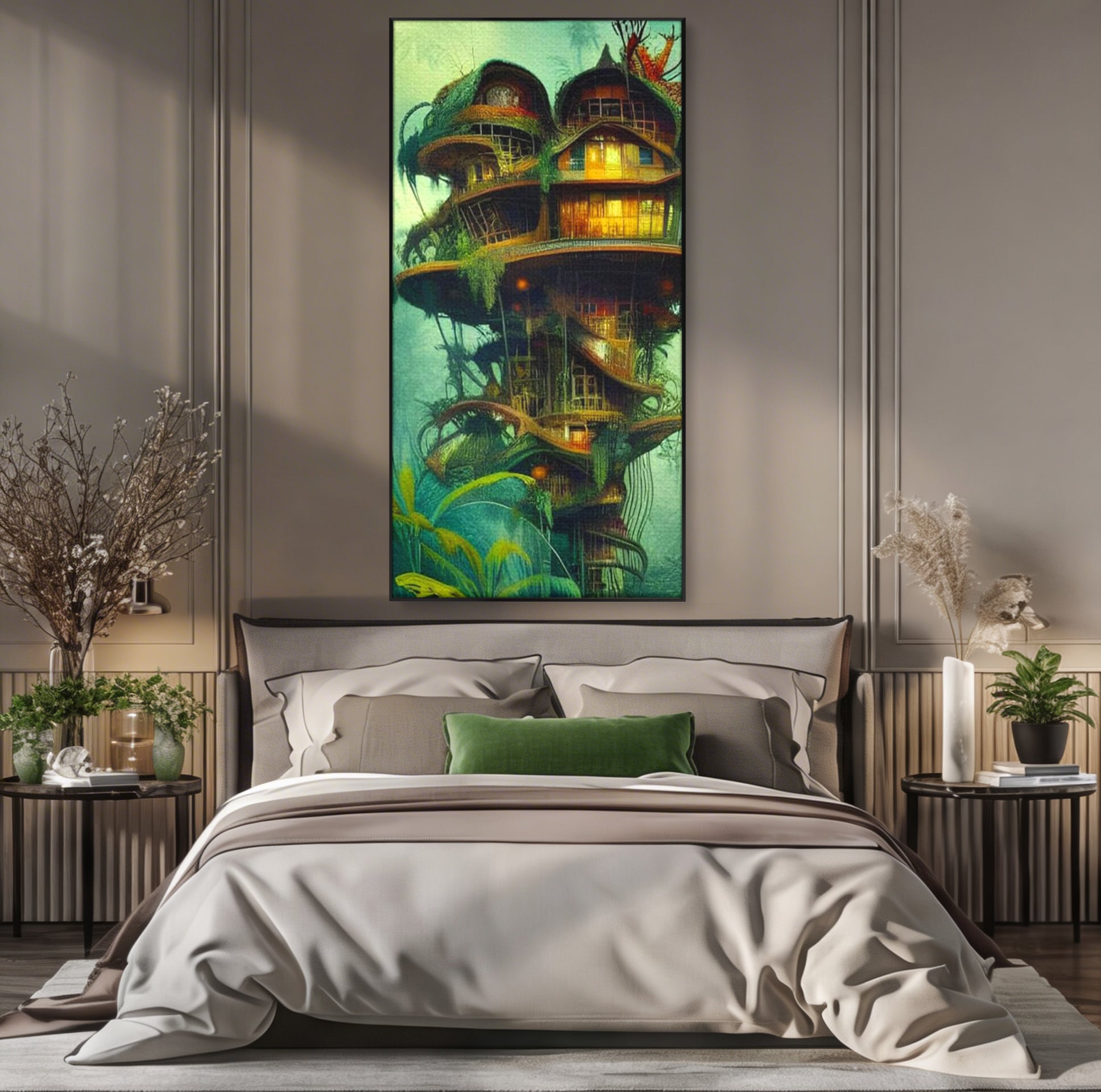 Tablou Canvas Premium, LuxCanva® K1015, Casuta din Copacul Vrajit, Turn, Padure, Fermecata, Aventura, Refugiu, Secrete, Spiridusi, Basm, Fantasma, Natura, Verde, Camera Copii