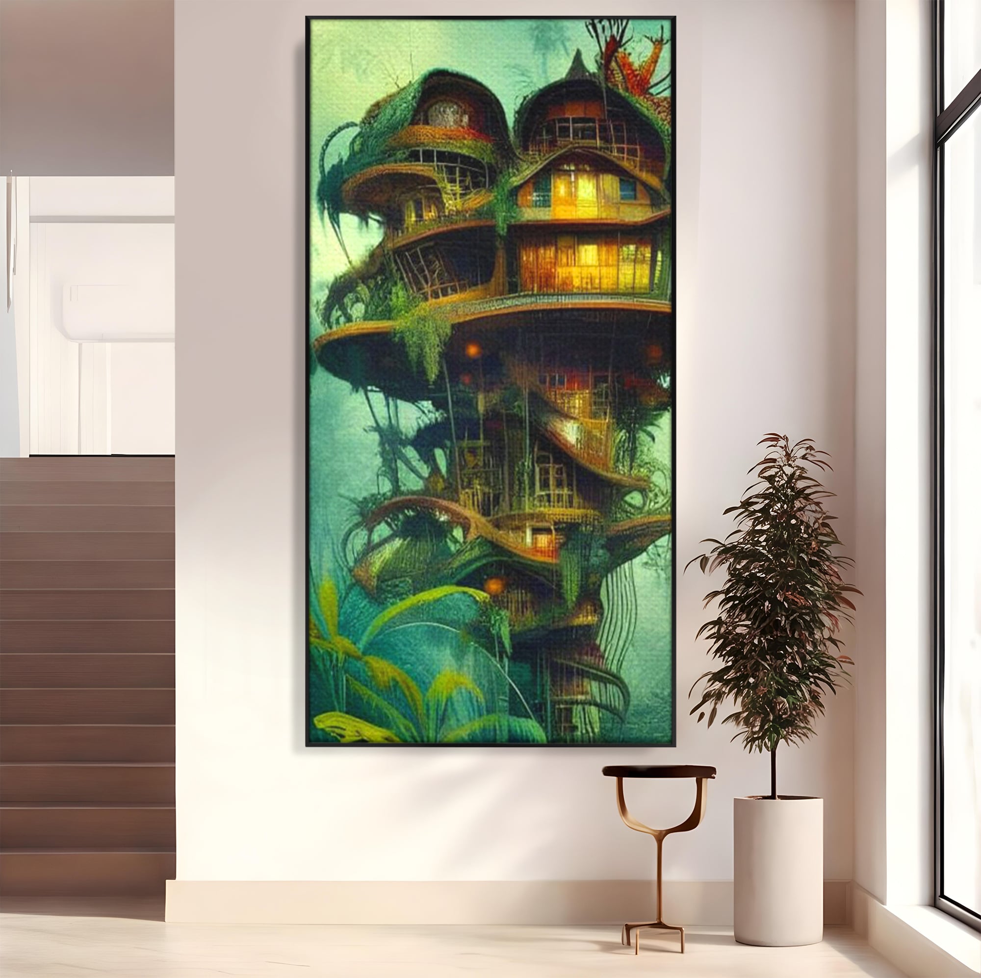 Tablou Canvas Premium, LuxCanva® K1015, Casuta din Copacul Vrajit, Turn, Padure, Fermecata, Aventura, Refugiu, Secrete, Spiridusi, Basm, Fantasma, Natura, Verde, Camera Copii