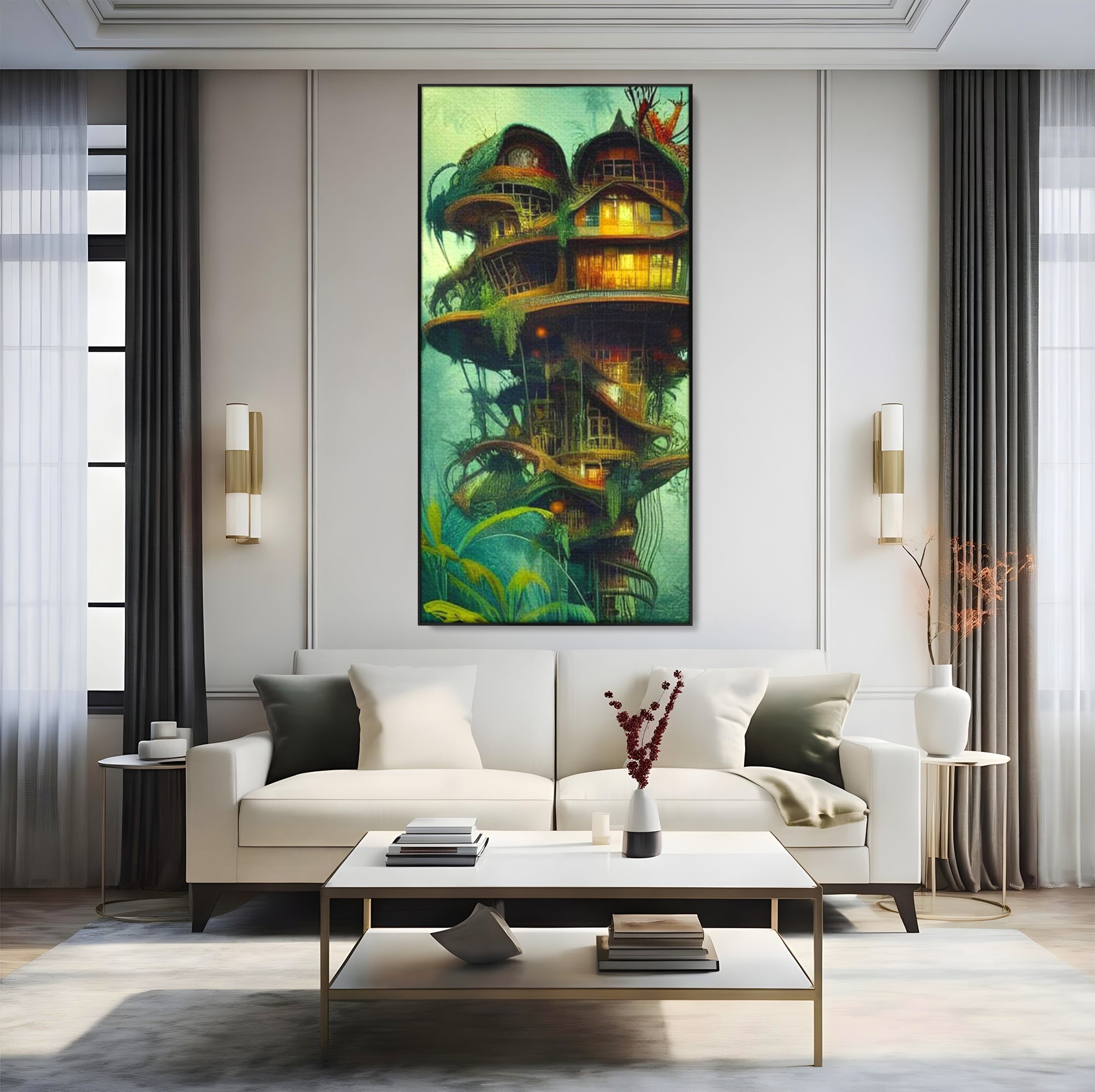 Tablou Canvas Premium, LuxCanva® K1015, Casuta din Copacul Vrajit, Turn, Padure, Fermecata, Aventura, Refugiu, Secrete, Spiridusi, Basm, Fantasma, Natura, Verde, Camera Copii