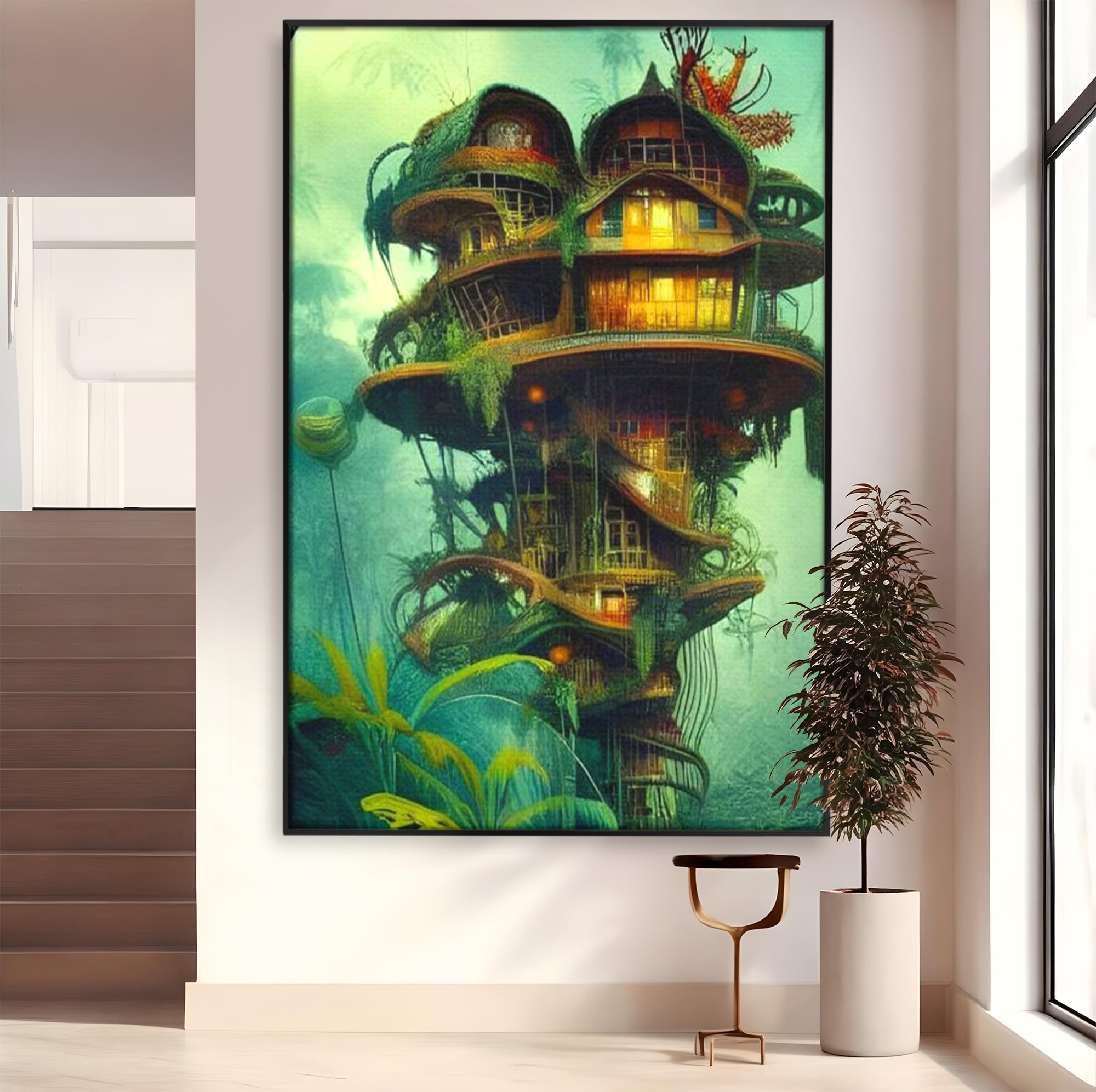 Tablou Canvas Premium, LuxCanva® K1015, Casuta din Copacul Vrajit, Turn, Padure, Fermecata, Aventura, Refugiu, Secrete, Spiridusi, Basm, Fantasma, Natura, Verde, Camera Copii