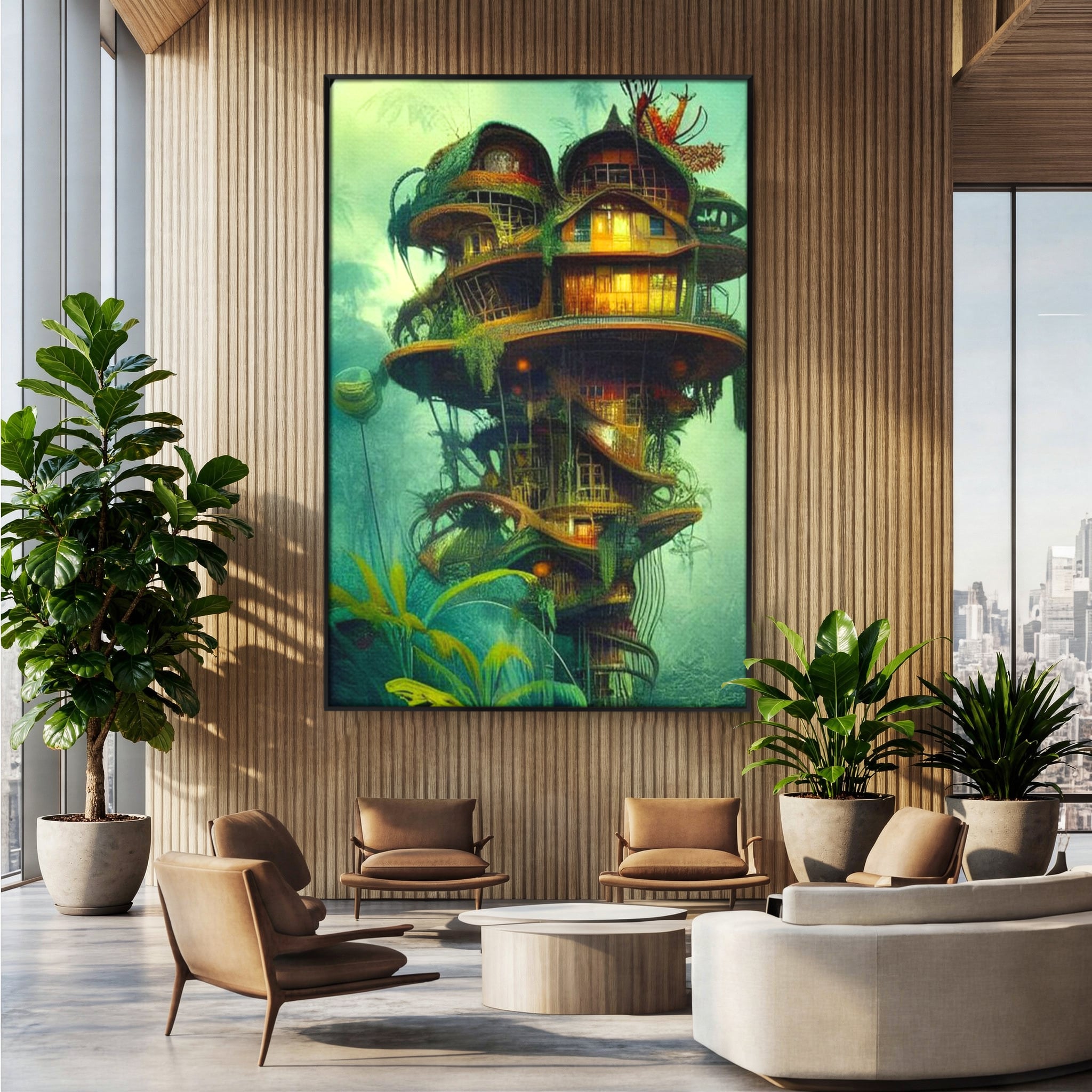 Tablou Canvas Premium, LuxCanva® K1015, Casuta din Copacul Vrajit, Turn, Padure, Fermecata, Aventura, Refugiu, Secrete, Spiridusi, Basm, Fantasma, Natura, Verde, Camera Copii