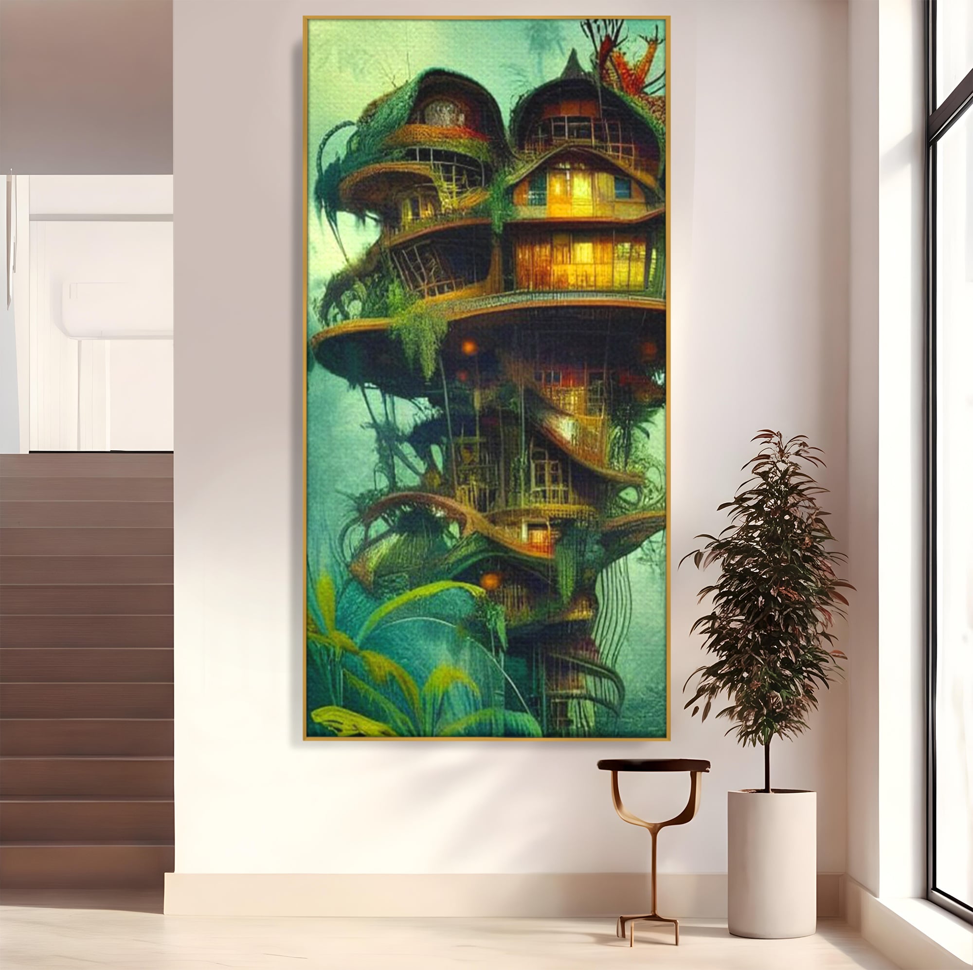 Tablou Canvas Premium, LuxCanva® K1015, Casuta din Copacul Vrajit, Turn, Padure, Fermecata, Aventura, Refugiu, Secrete, Spiridusi, Basm, Fantasma, Natura, Verde, Camera Copii